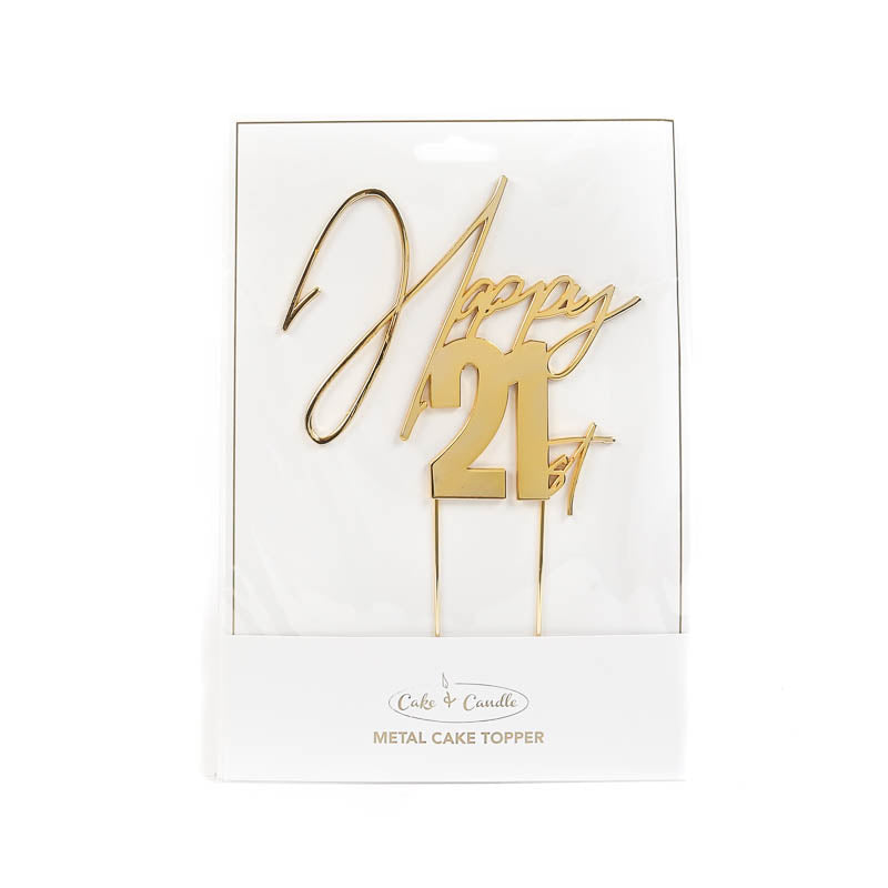 Cake & Candle Metal Cake Topper Happy 21st Gold