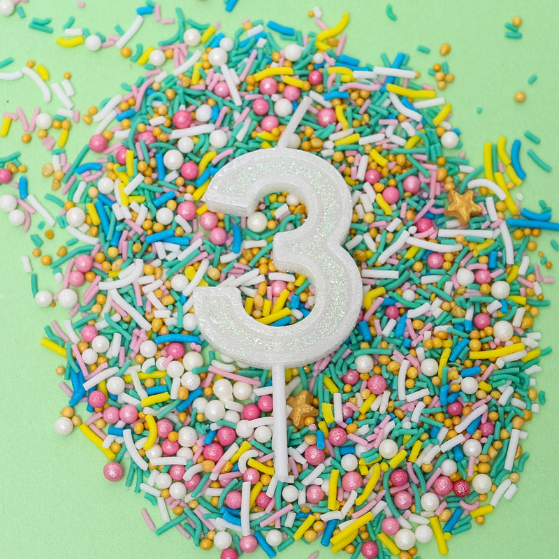 Cake & Candle Mini Glitter Candle White Number 3