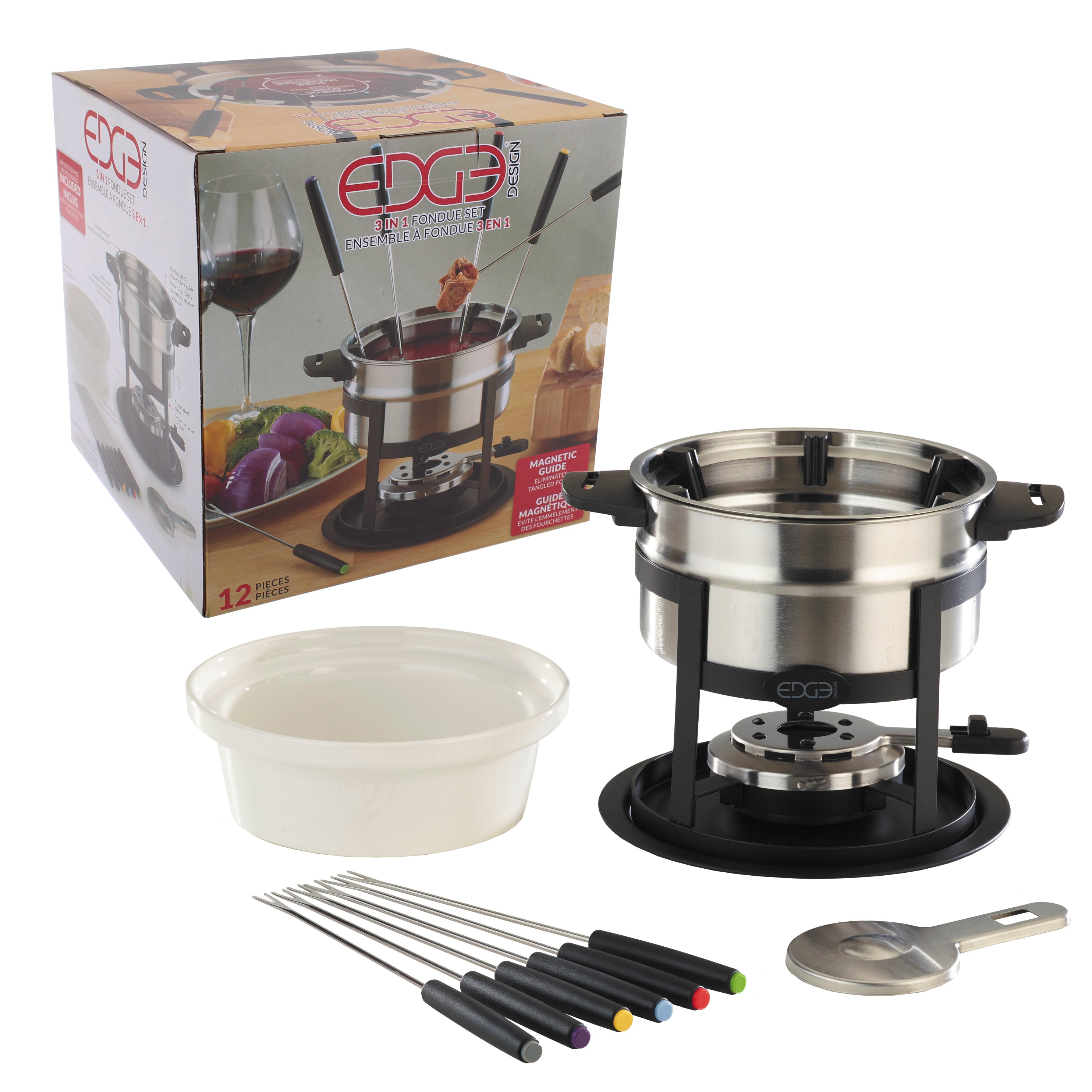 Edge Design 12 Piece 3-in-1 Stainless Steel Fondue Set