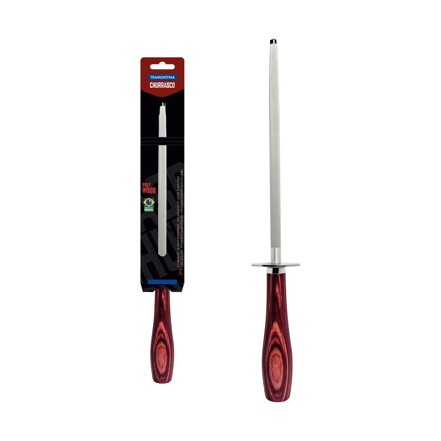 Tramontina Chrome-Plated Carbon Steel Sharpening Steel With Red Polywood Handle