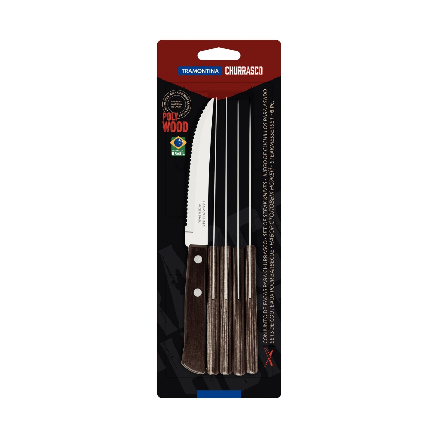 Tramontina 6-Piece Steak Knife Set with Brown Polywood Handles