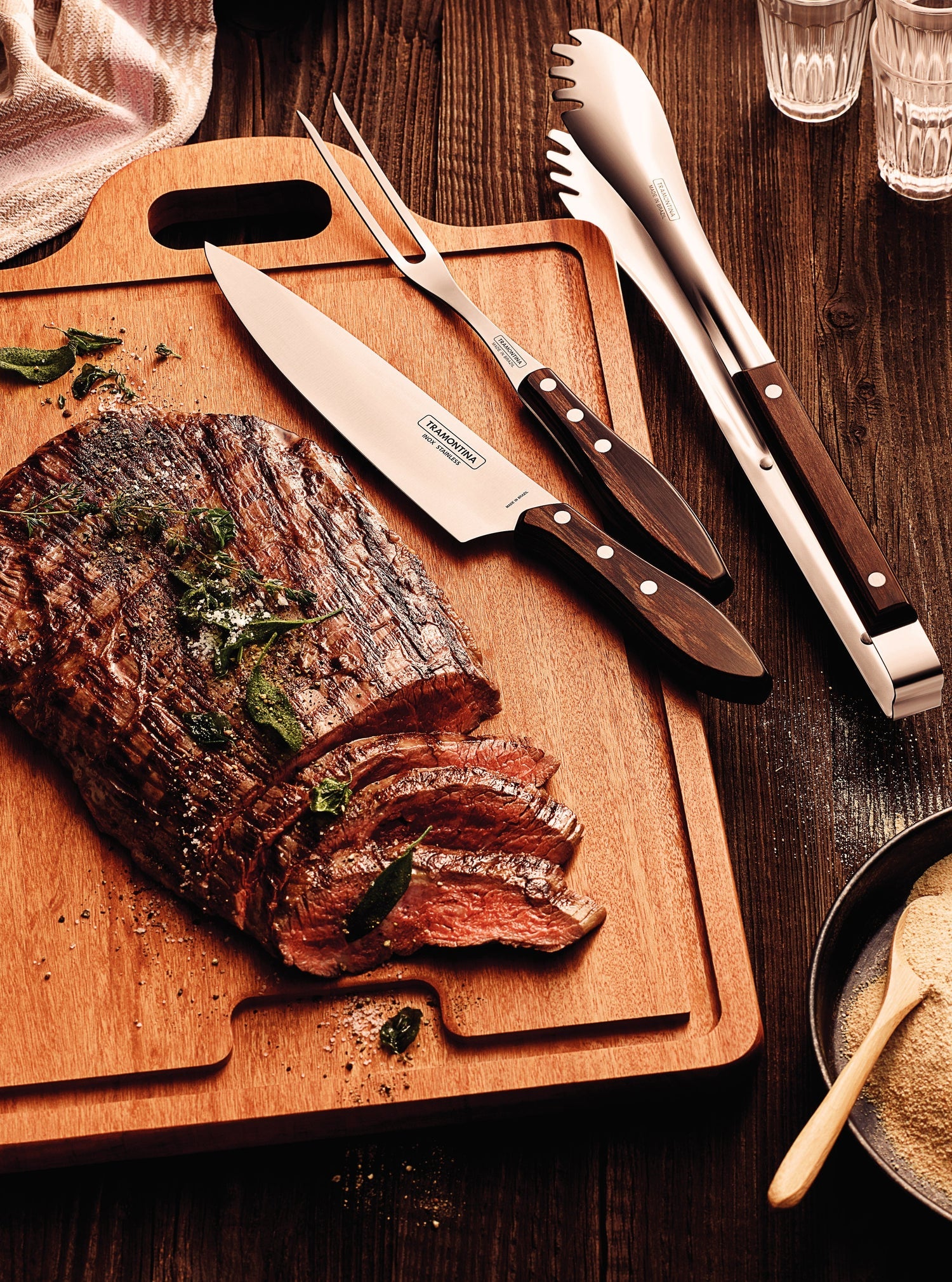 Tramontina 3-Piece Utensil Set With Stainless-Steel Blades & Treated Brown Polywood Handles