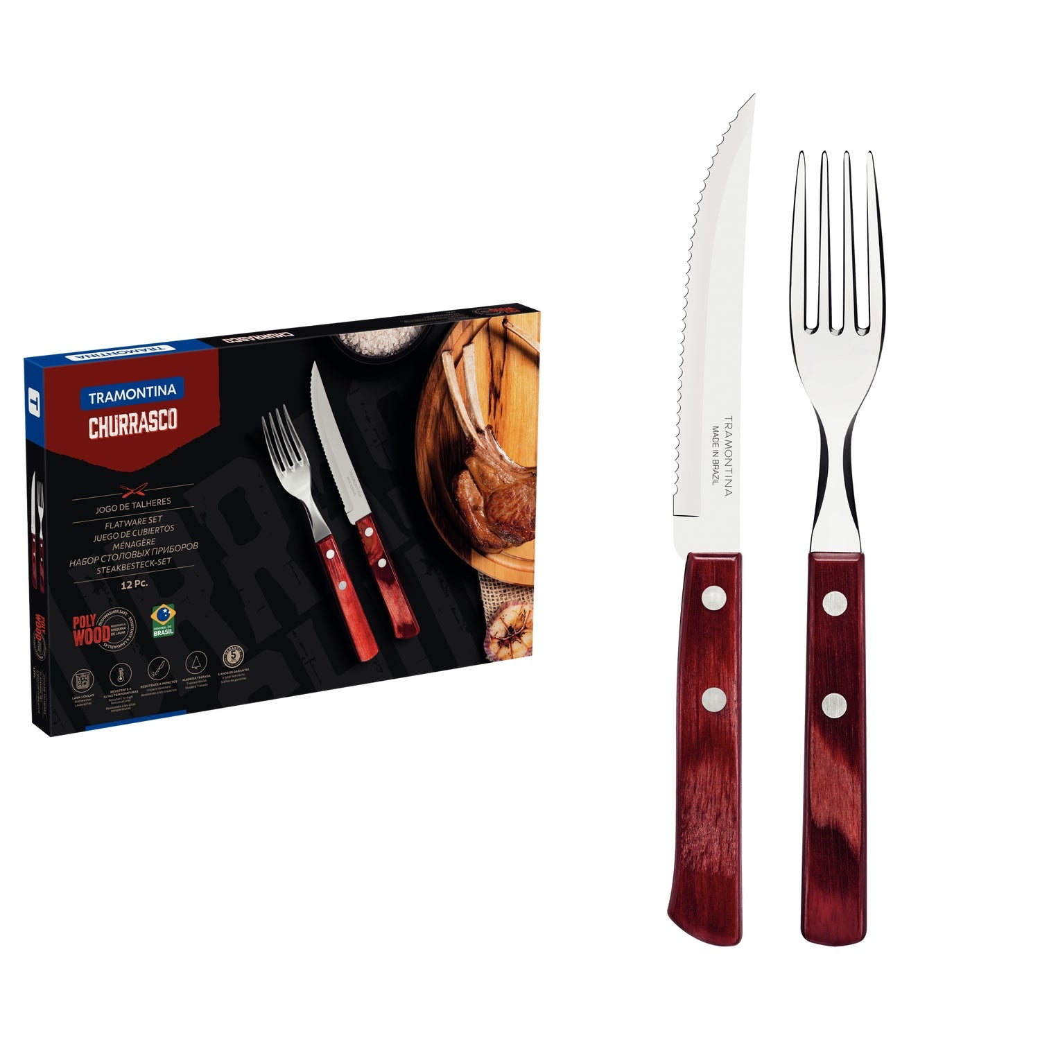 Tramontina 12-Piece Stainless-Steel Cutlery Set With Red Polywood Handles