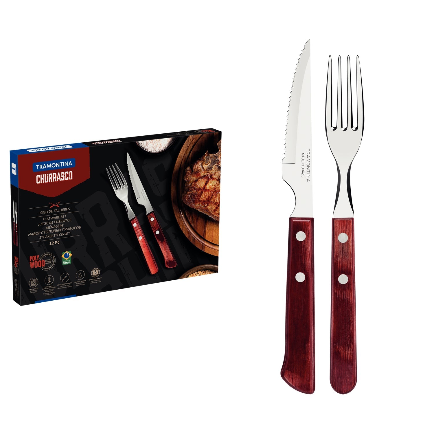 Tramontina 12-Piece Stainless-Steel Cutlery Set With Red Polywood Handles.