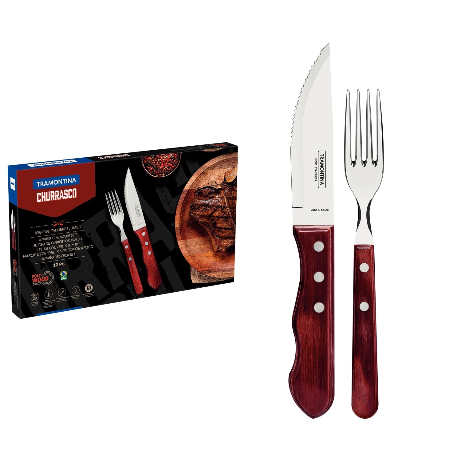 Tramontina 12-Piece Jumbo Cutlery Set Stainless-Steel With Red Polywood Handles