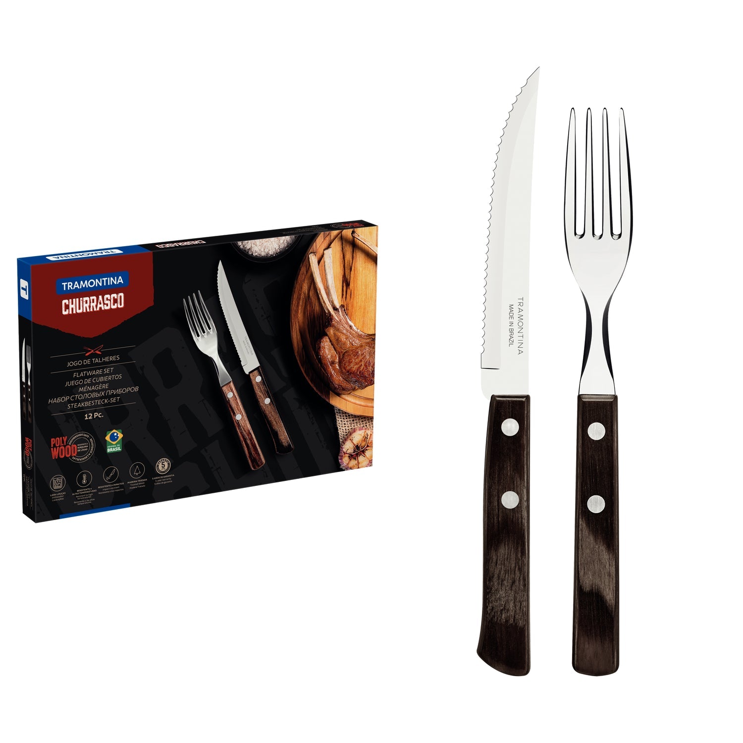 Tramontina 12-Piece Stainless-Steel Cutlery Set With Brown Polywood Handles (21199-903)