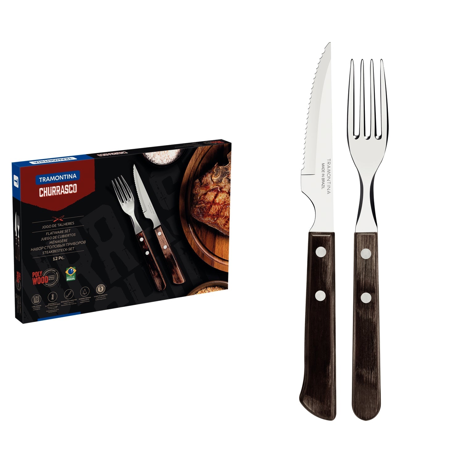 Tramontina 12-Piece Stainless-Steel Cutlery Set With Brown Polywood Handles
