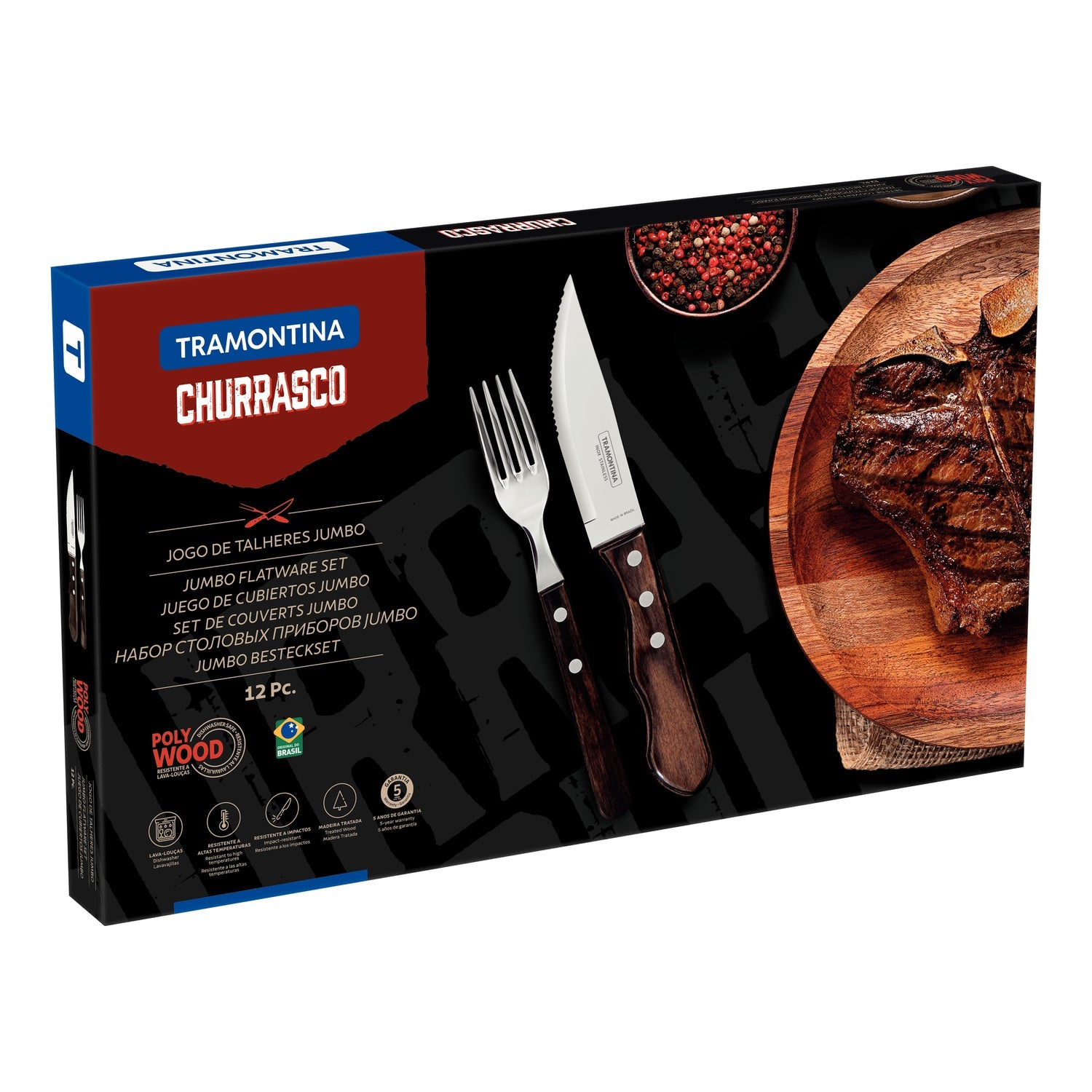 Tramontina 12-Piece Jumbo Cutlery Set Stainless-Steel With Brown Polywood Handles