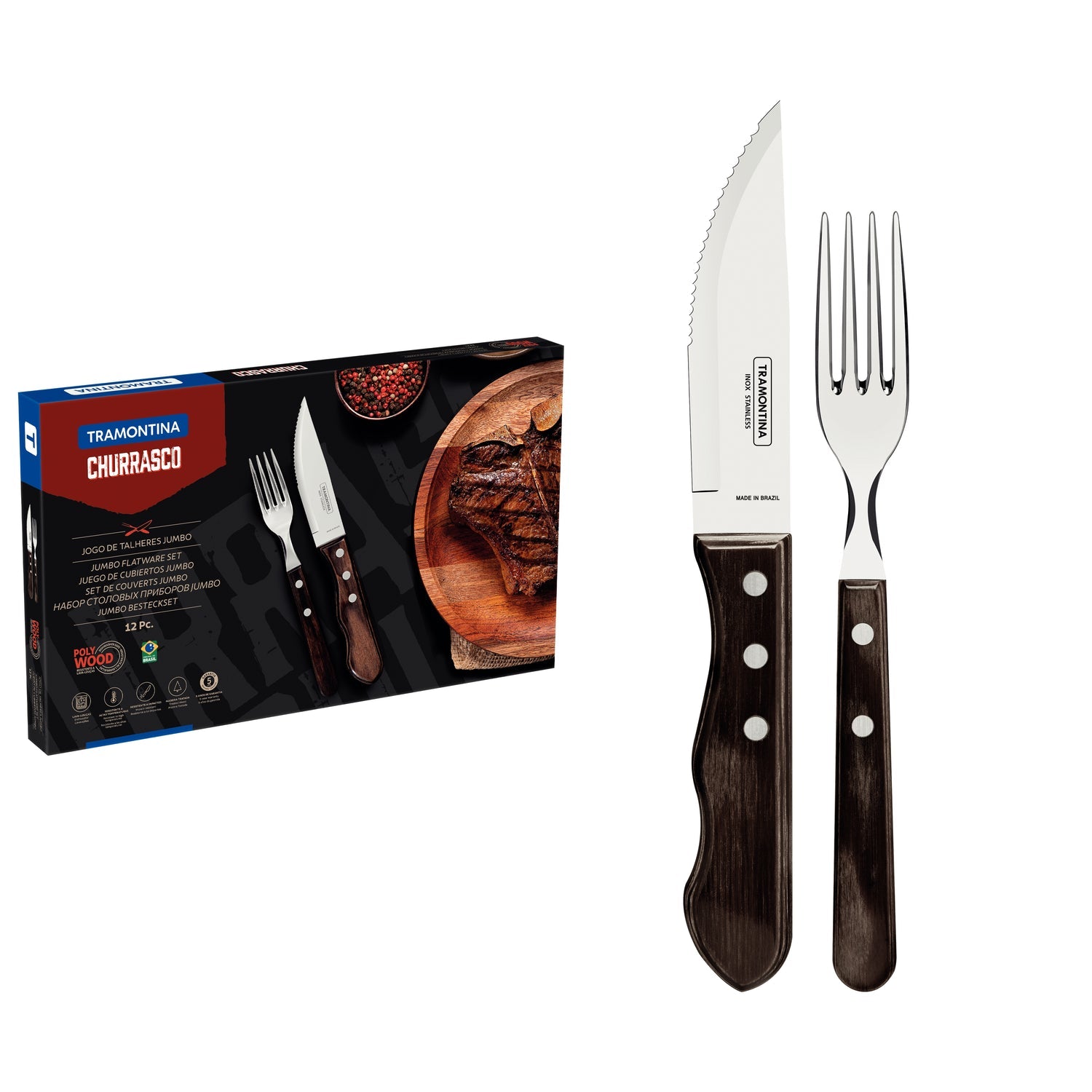 Tramontina 12-Piece Jumbo Cutlery Set Stainless-Steel With Brown Polywood Handles