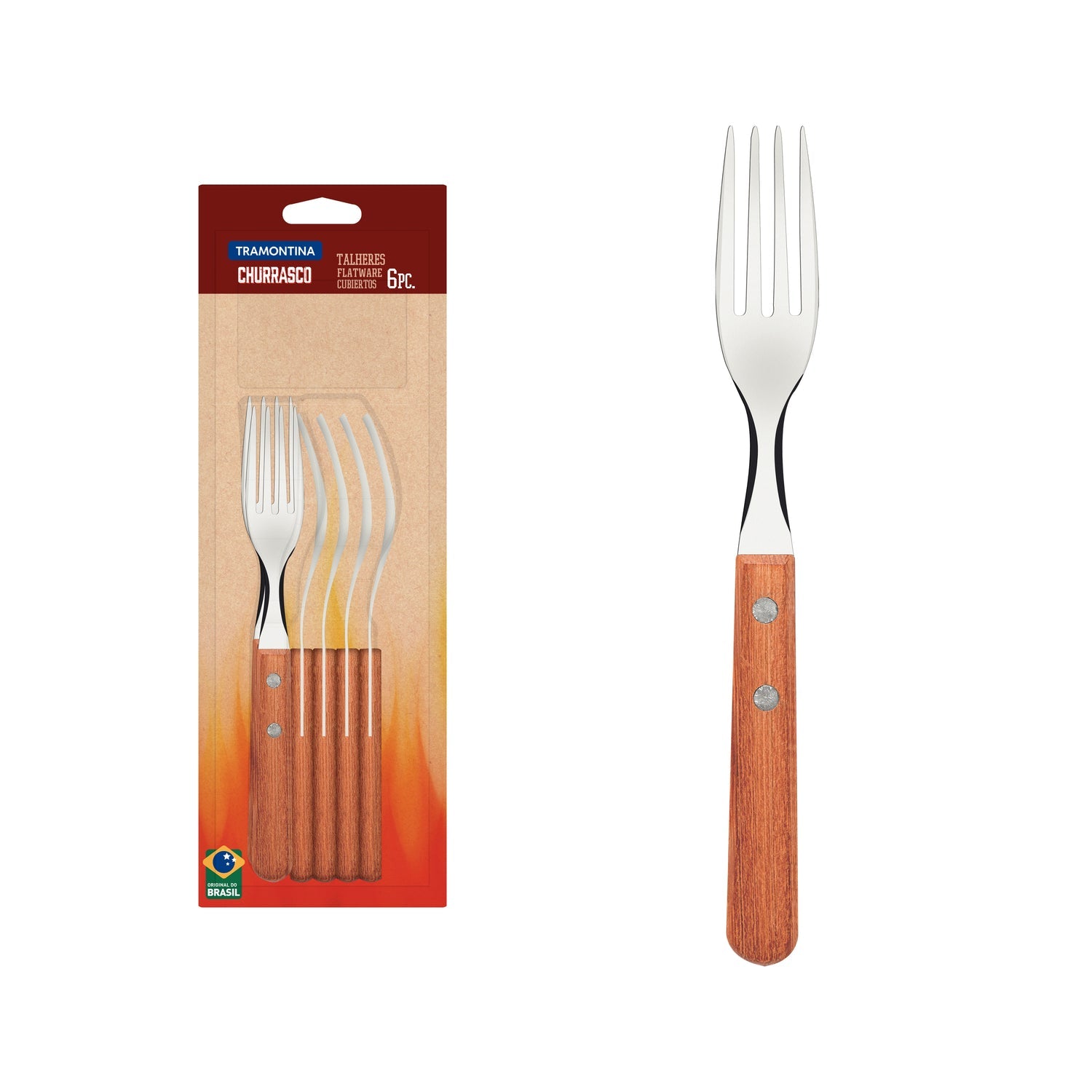 Tramontina Dynamic 6-Piece Set Of Table Forks With Stainless-Steel Tines & Natural Wood Handles