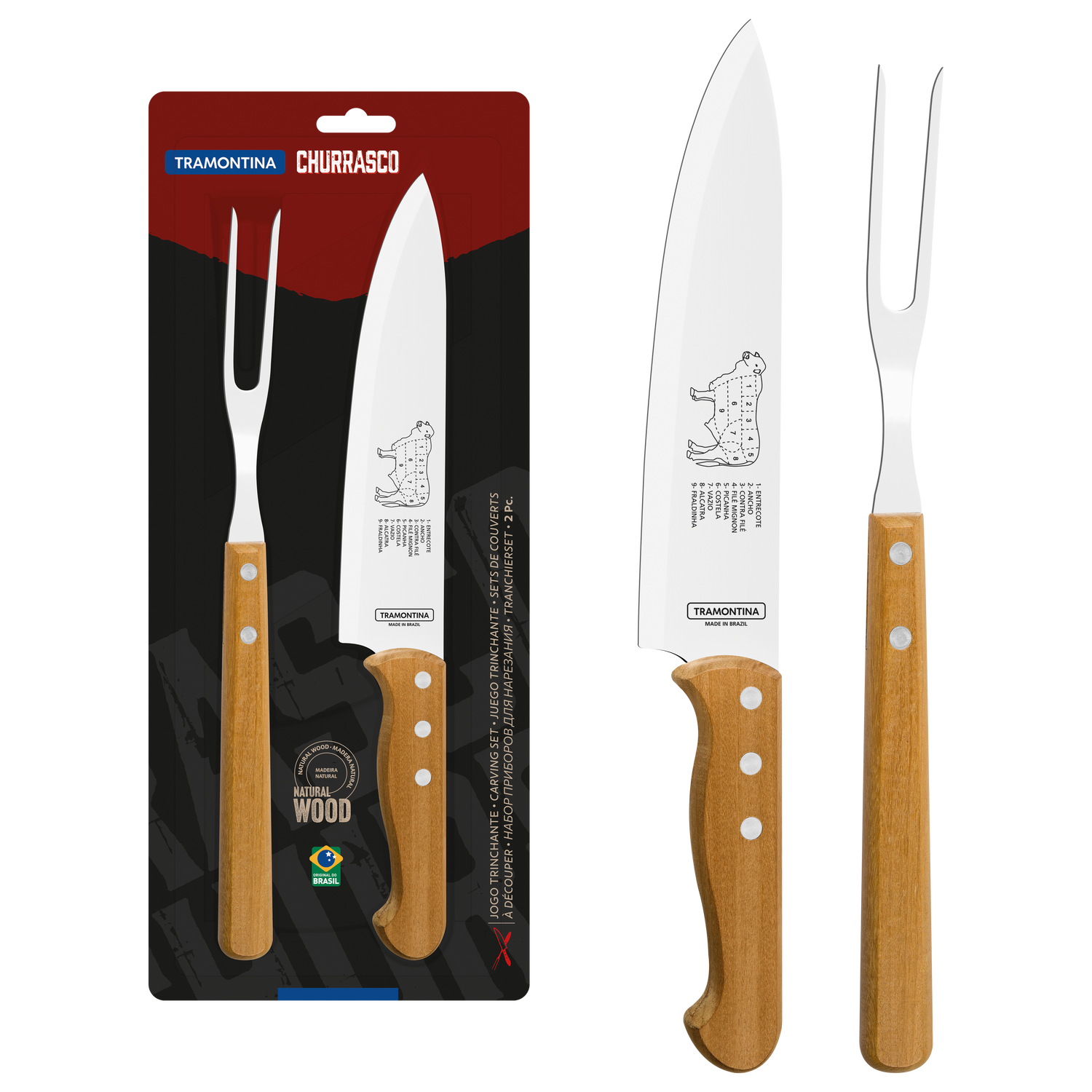 Tramontina 2-Piece Carving Set With Stainless-Steel Blades & Natural Wood Handles