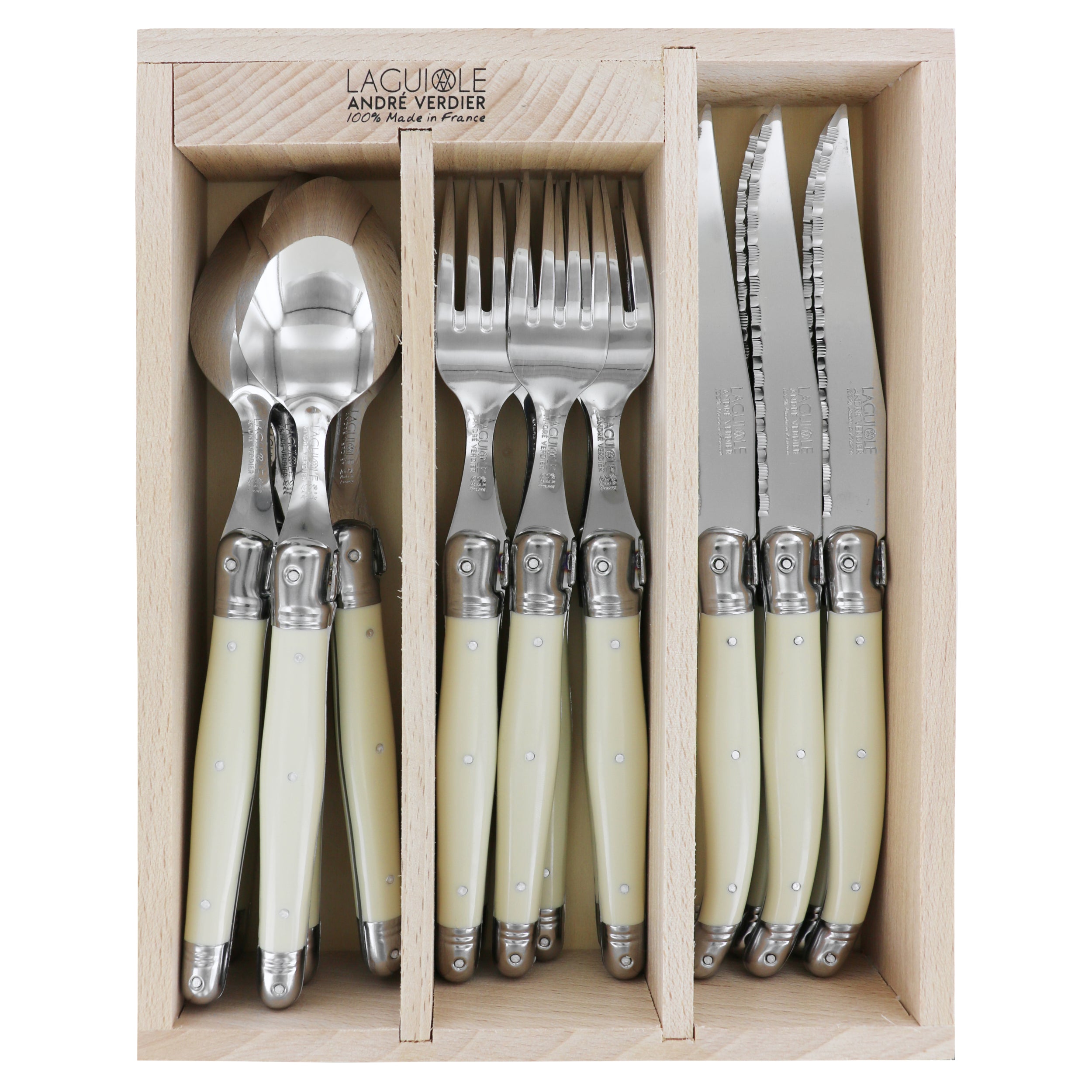 Laguiole André Verdier Cutlery Set 18 Piece In Tray - Ivory