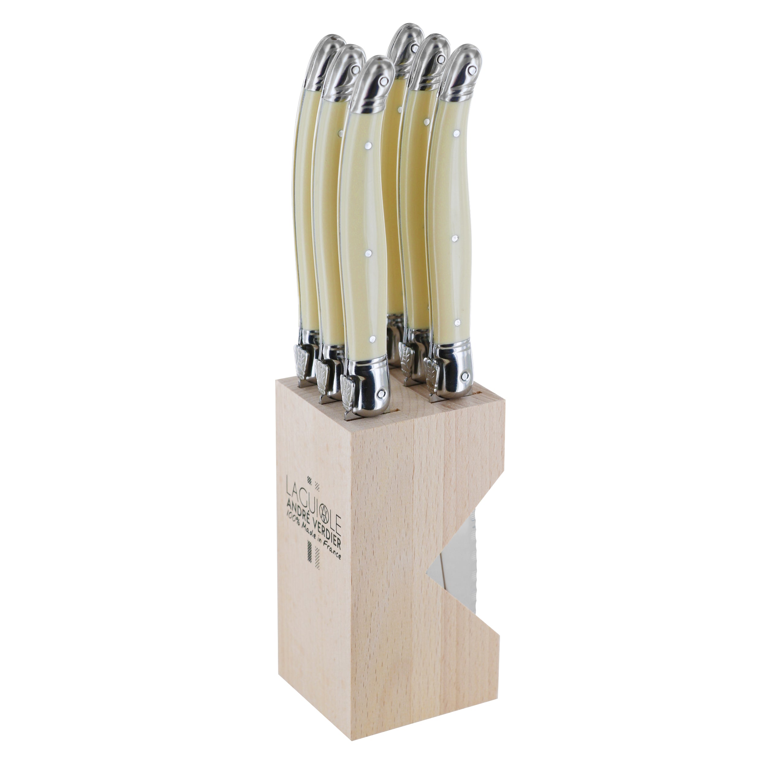 Laguiole André Verdier Steak Knife Set 6 Piece In Block - Ivory