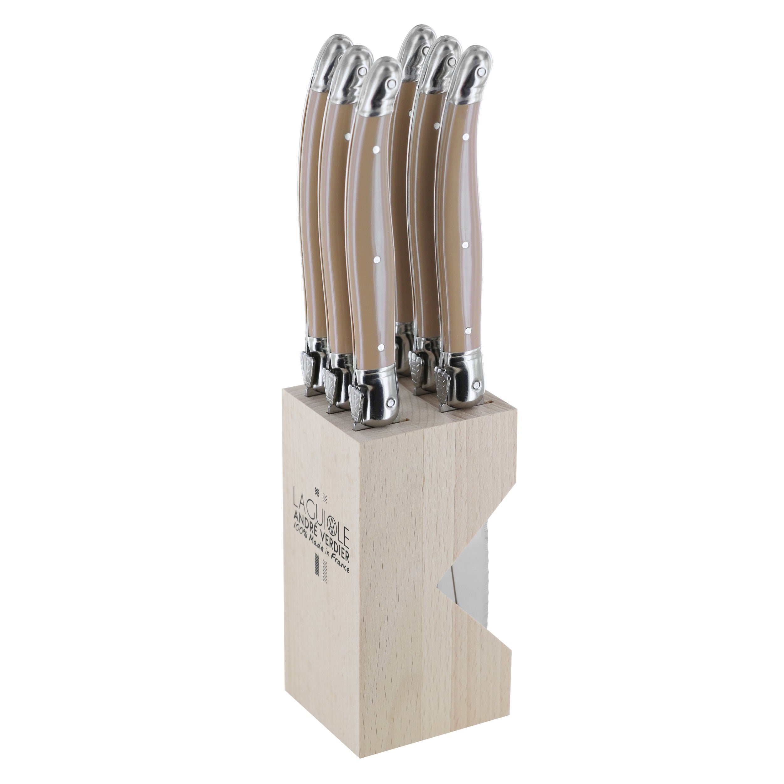 Laguiole André Verdier Steak Knife Set 6 Piece In Block - Sand