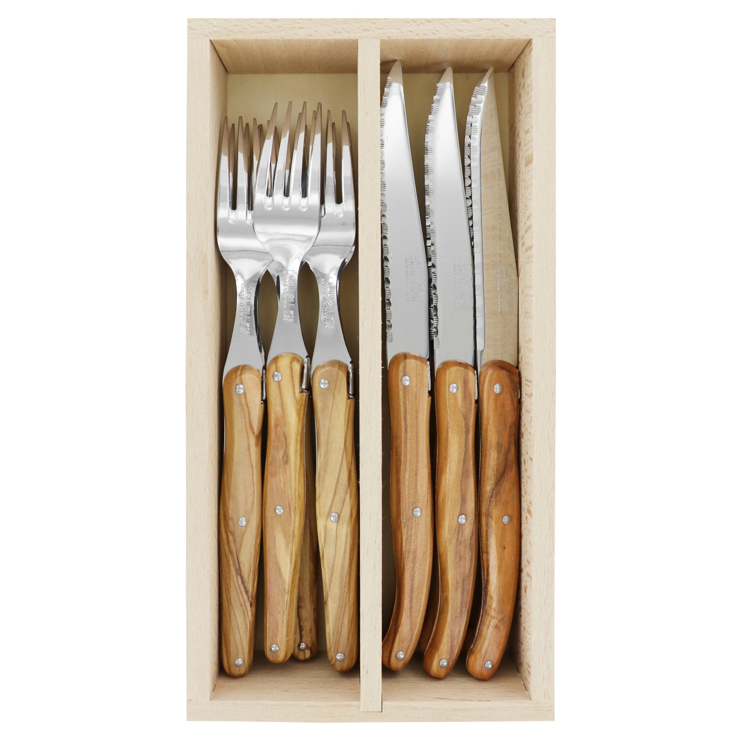 Laguiole André Verdier Cutlery Set 12 Piece In Tray - Olive Wood
