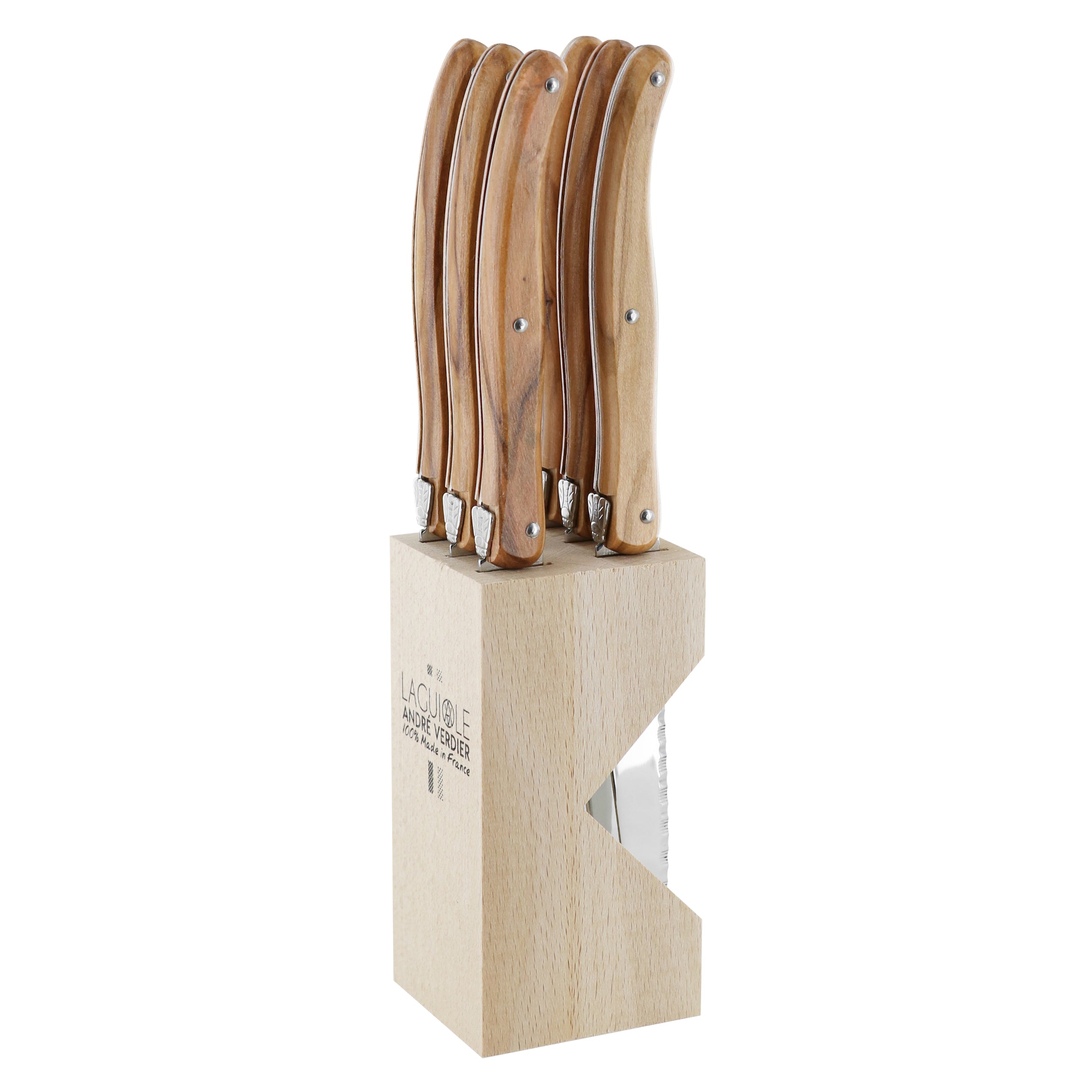 Laguiole André Verdier Steak Knife Set 6 Piece In Block - Olive Wood