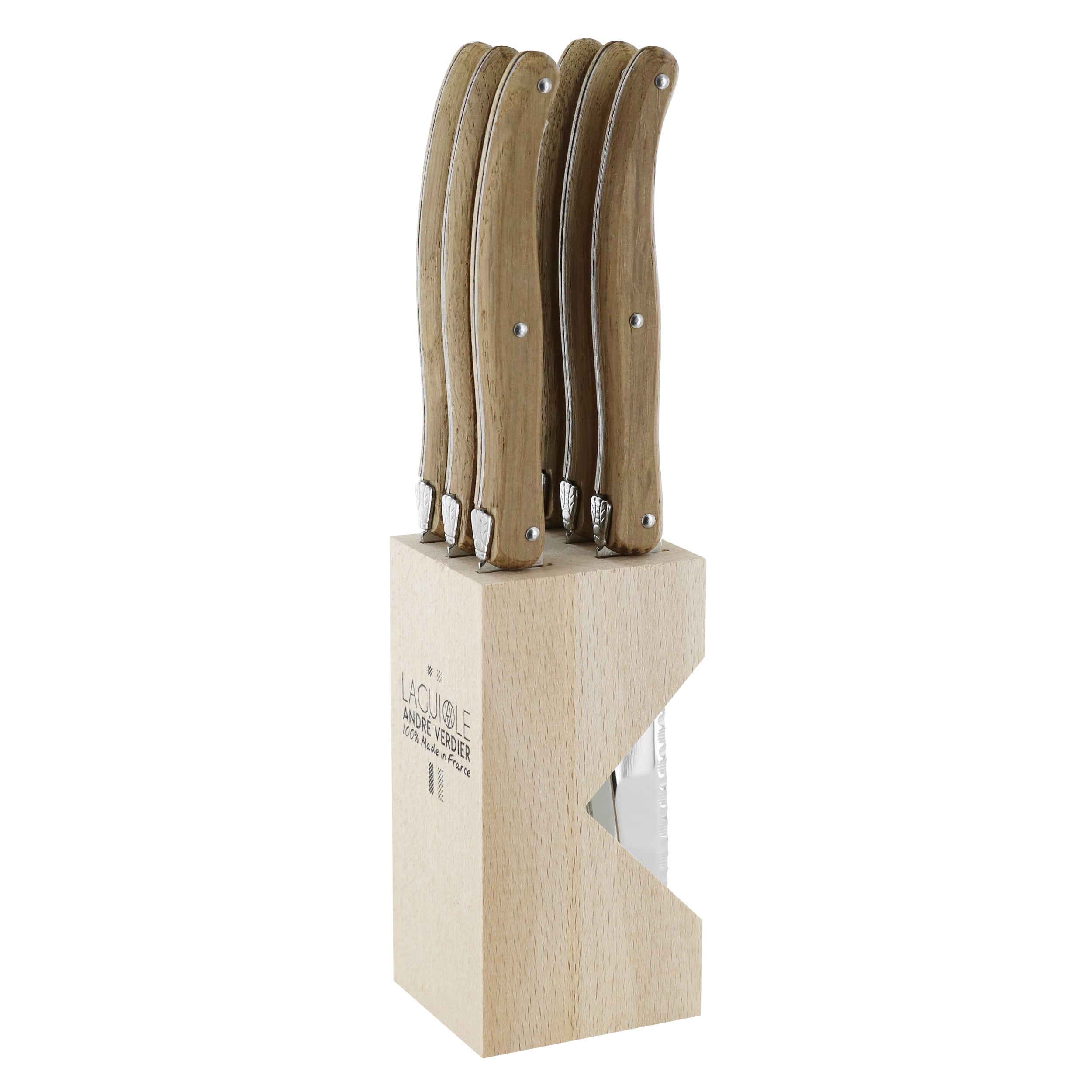 Laguiole André Verdier Steak Knife Set 6 Piece In Block - Toasted Oak