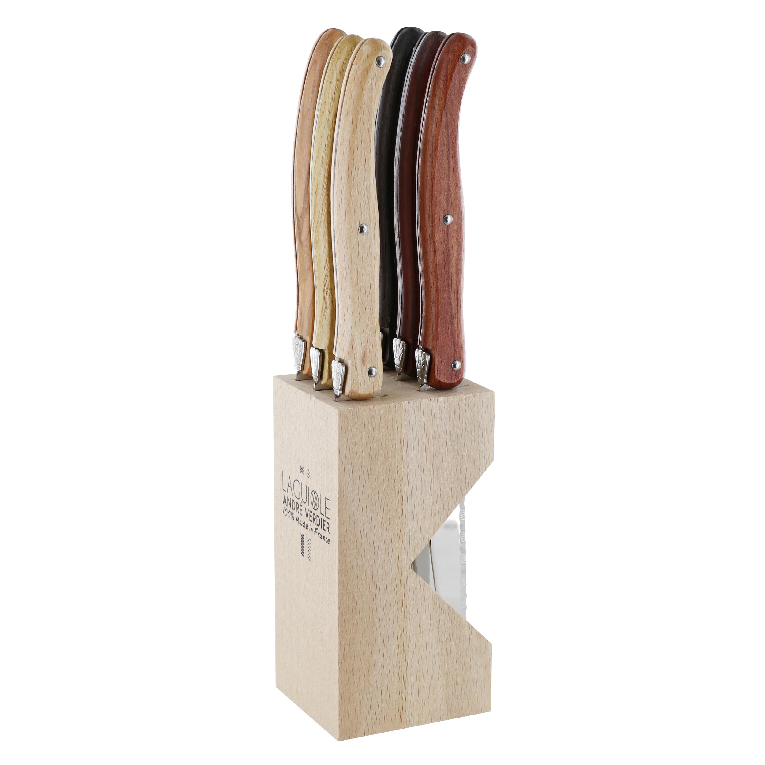Laguiole André Verdier Steak Knife Set 6 Piece In Block - Assorted A