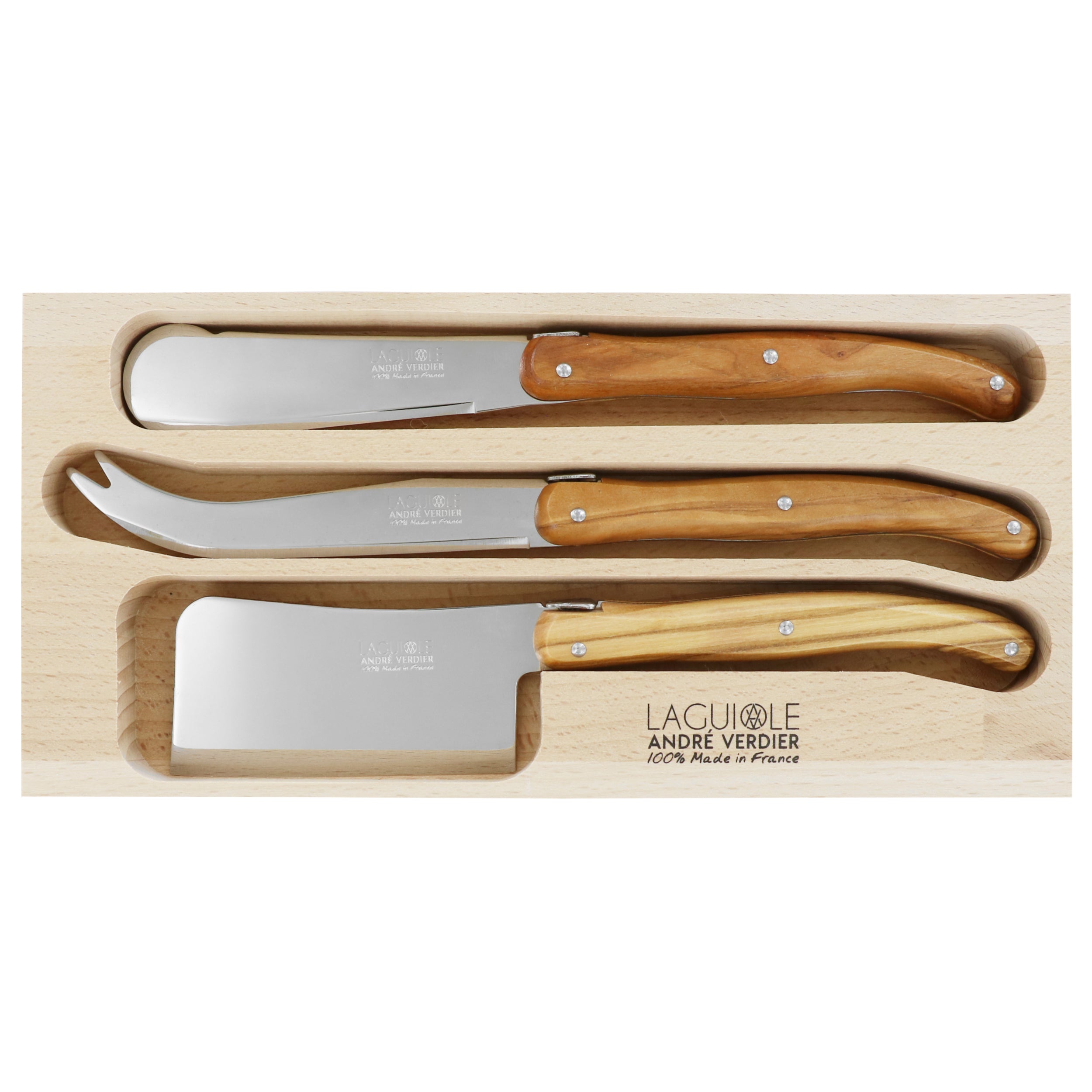 Laguiole André Verdier Cheese Knife Set 3 Piece - Olive Wood A