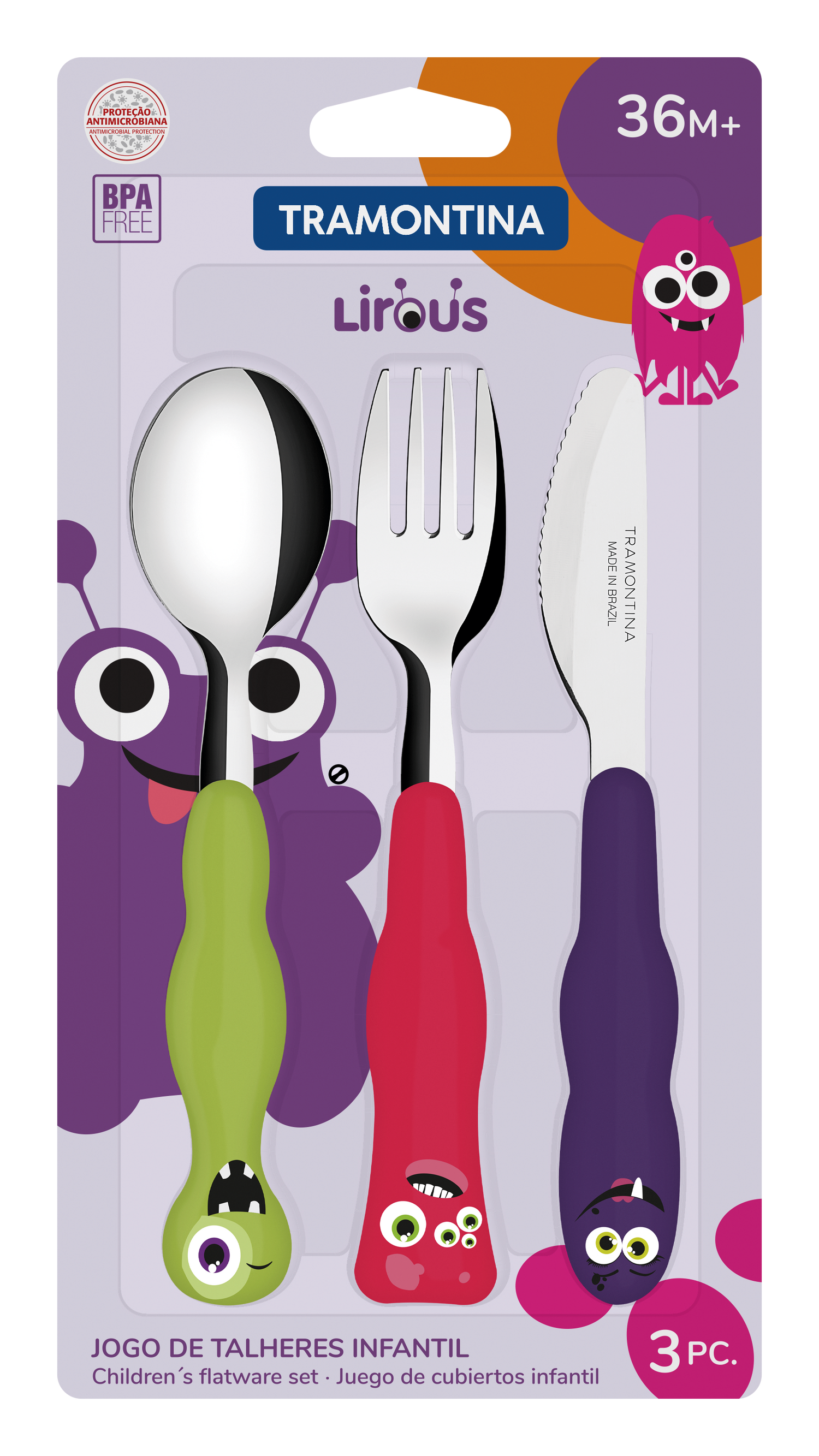 Tramontina Lirous 3-Piece Colorful Children's Cutlery Set
