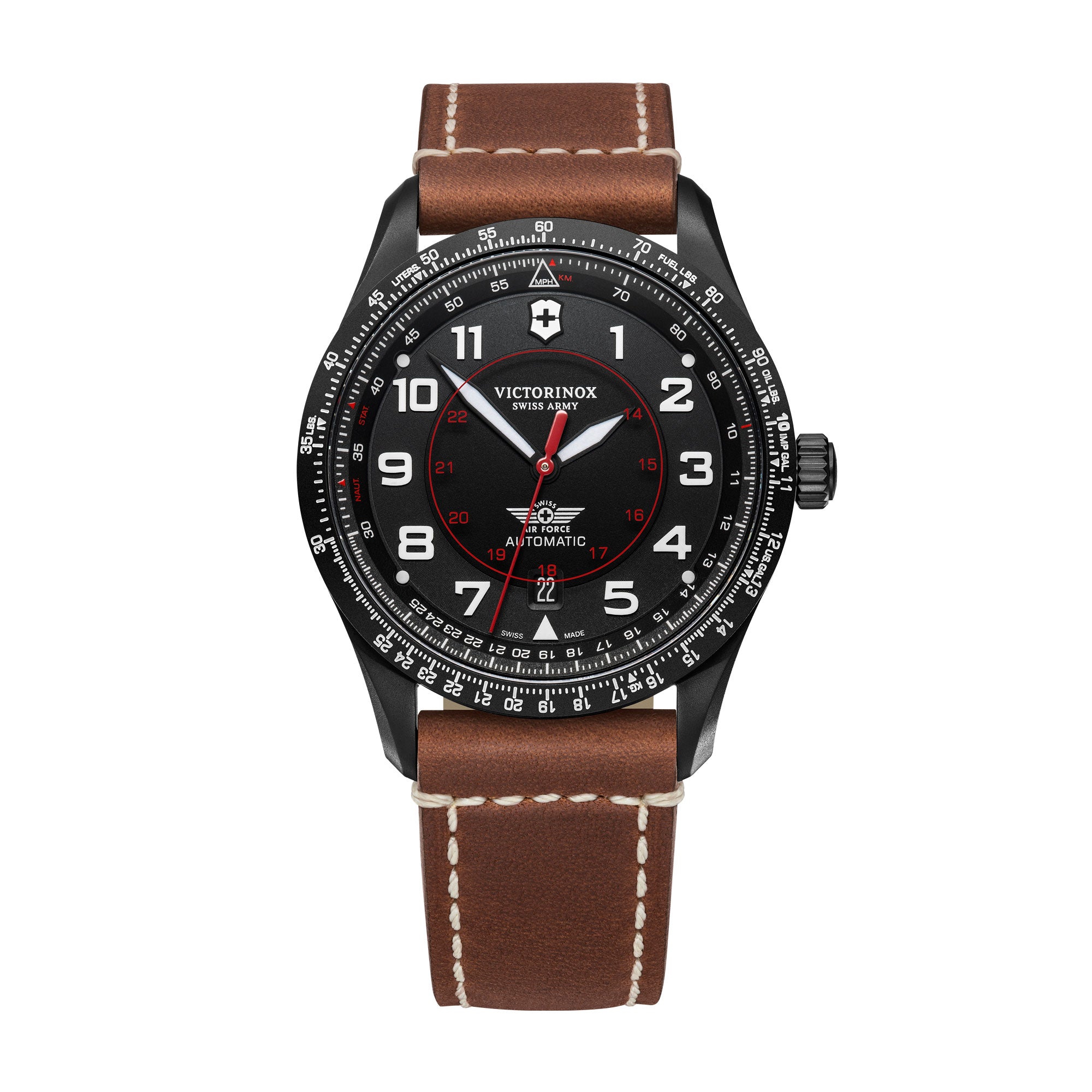 Victorinox Airboss Mechanical Watch - Black - Brown Leather Strap