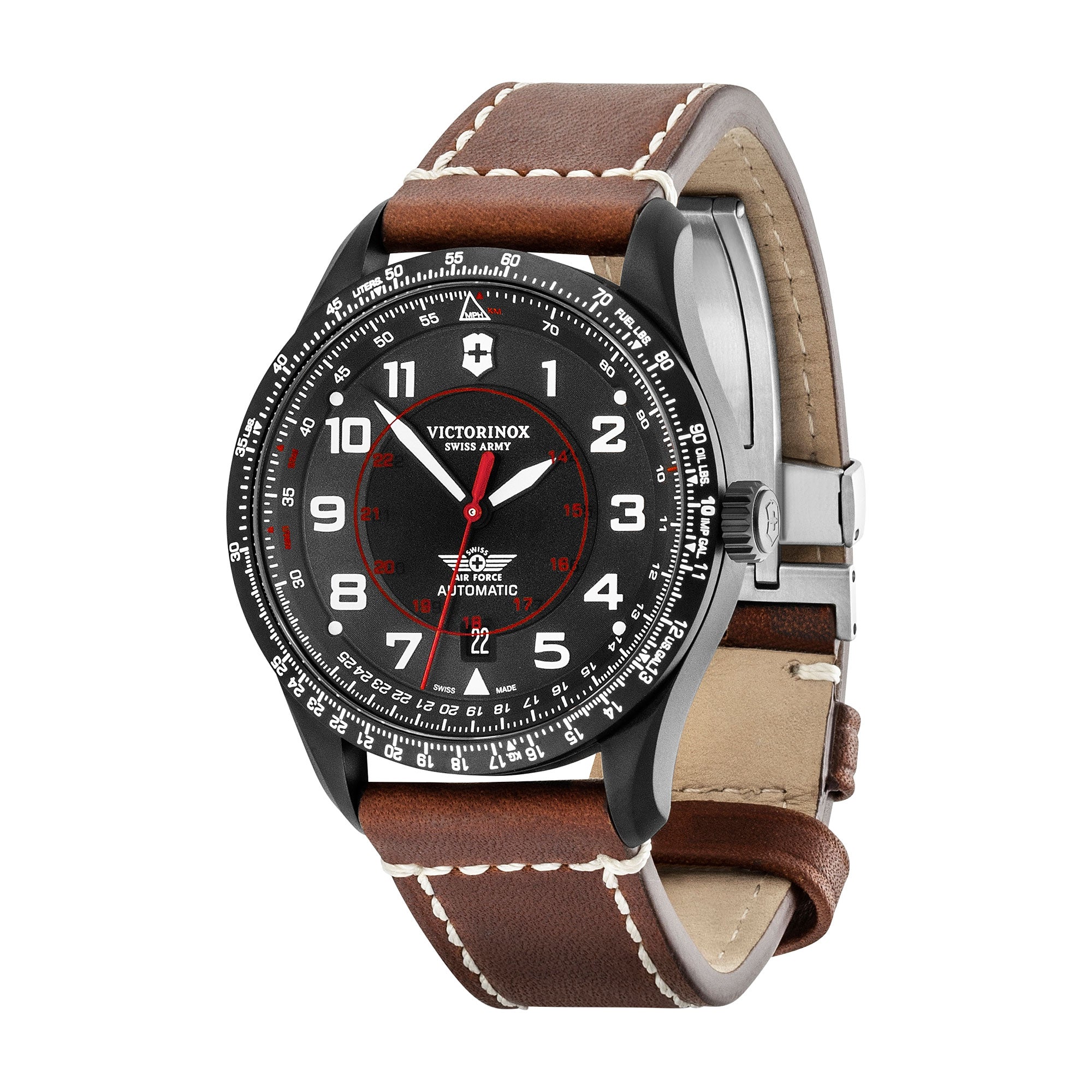 Victorinox Airboss Mechanical Watch - Black - Brown Leather Strap