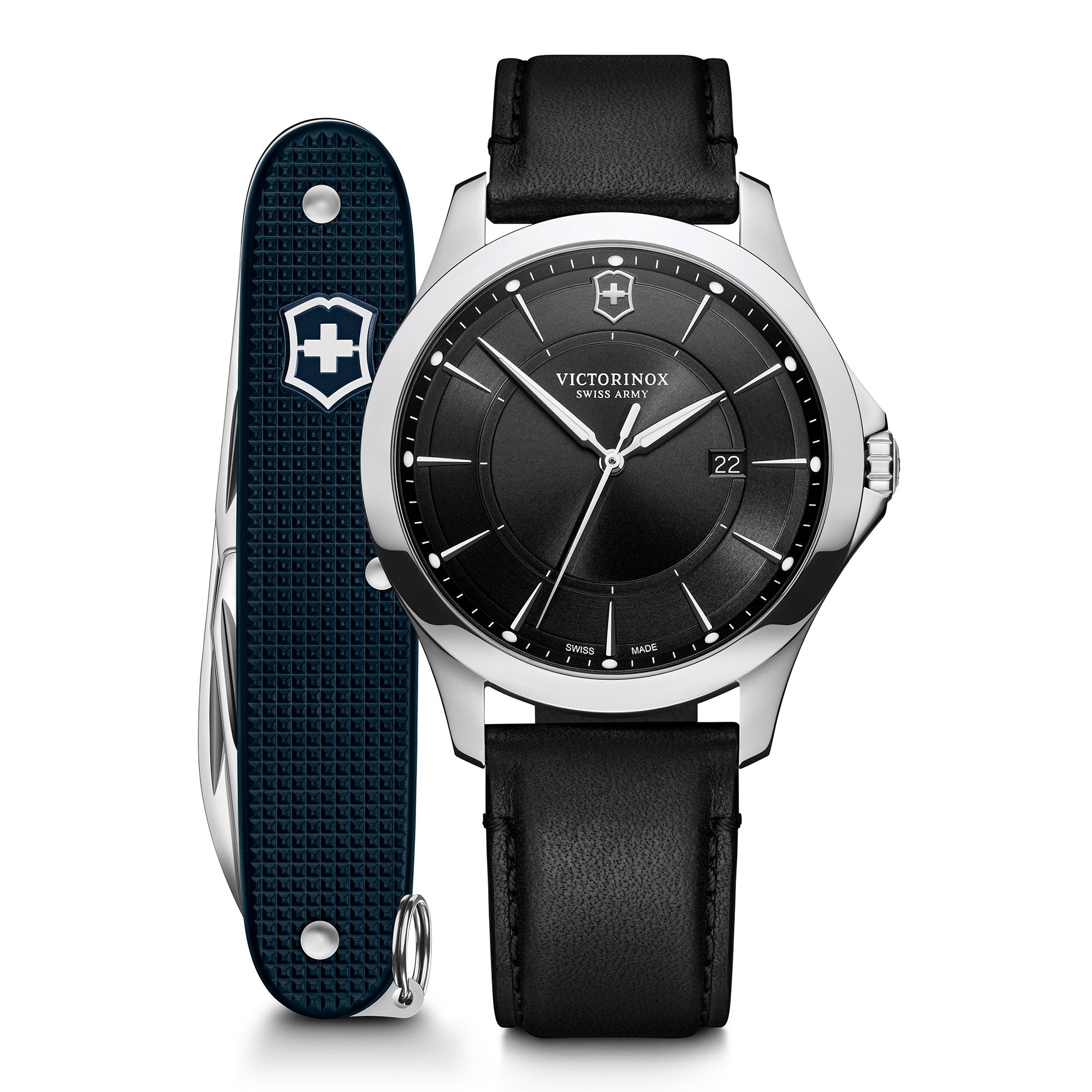 Victorinox Alliance Watch - Black - Black Leather Strap with Spartan SAK in Gift Box