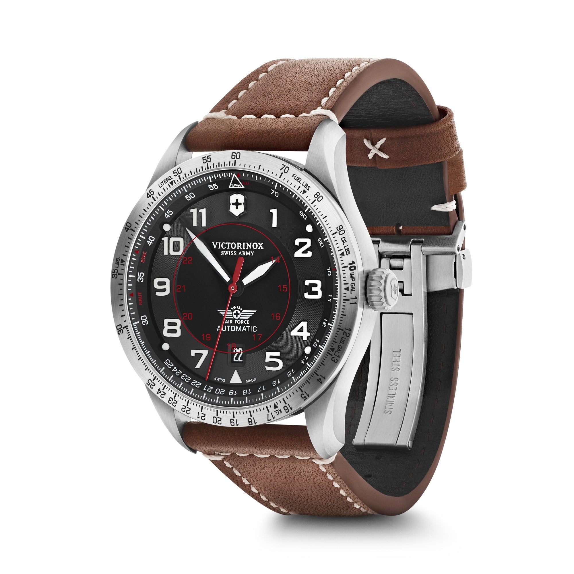 Victorinox Airboss Mechanical Watch - Black - Brown Leather
