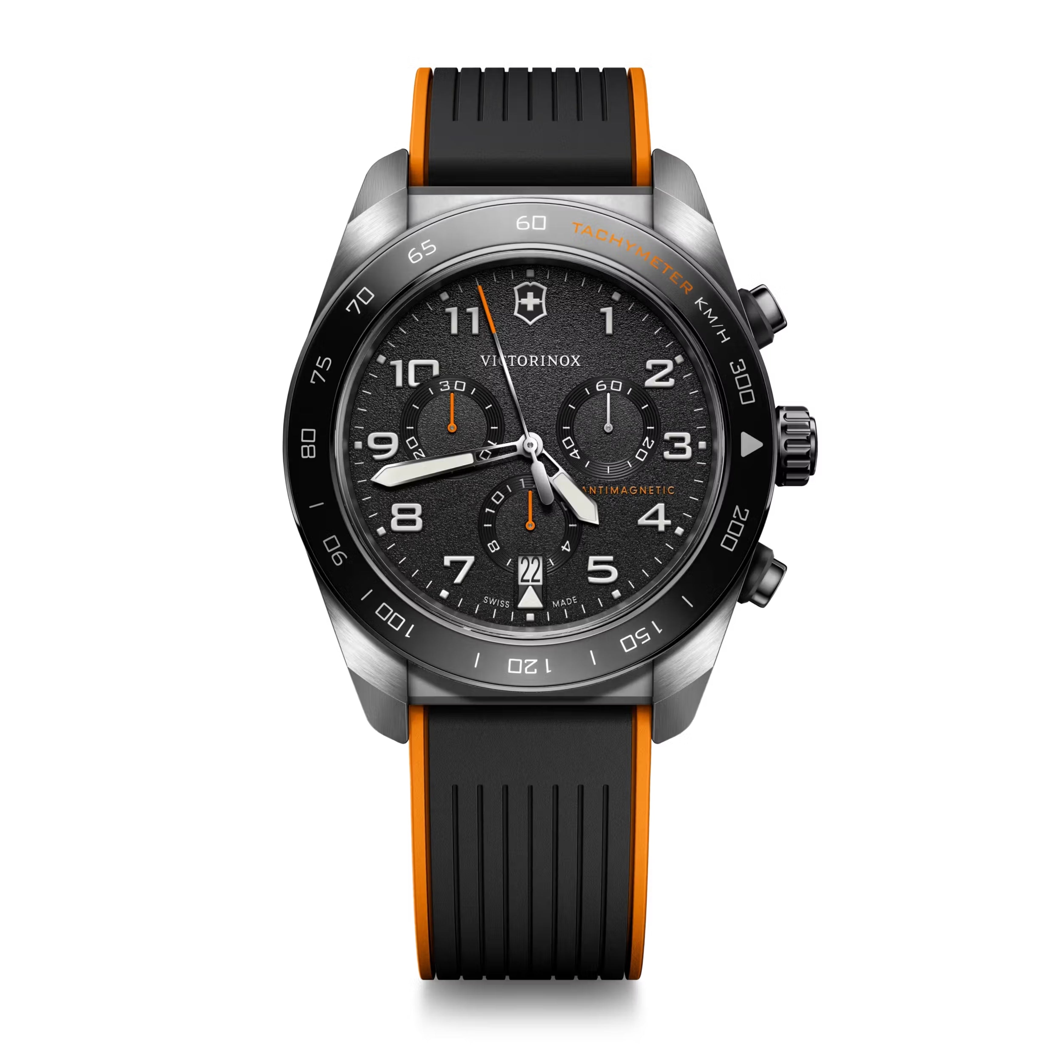Victorinox Swiss Army Chronograph Black Dial on Black and Orange Rubber Strap