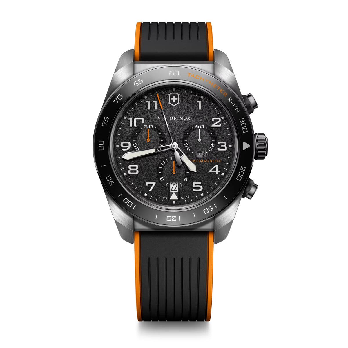 Victorinox Swiss Army Chronograph Black Dial on Black and Orange Rubber Strap