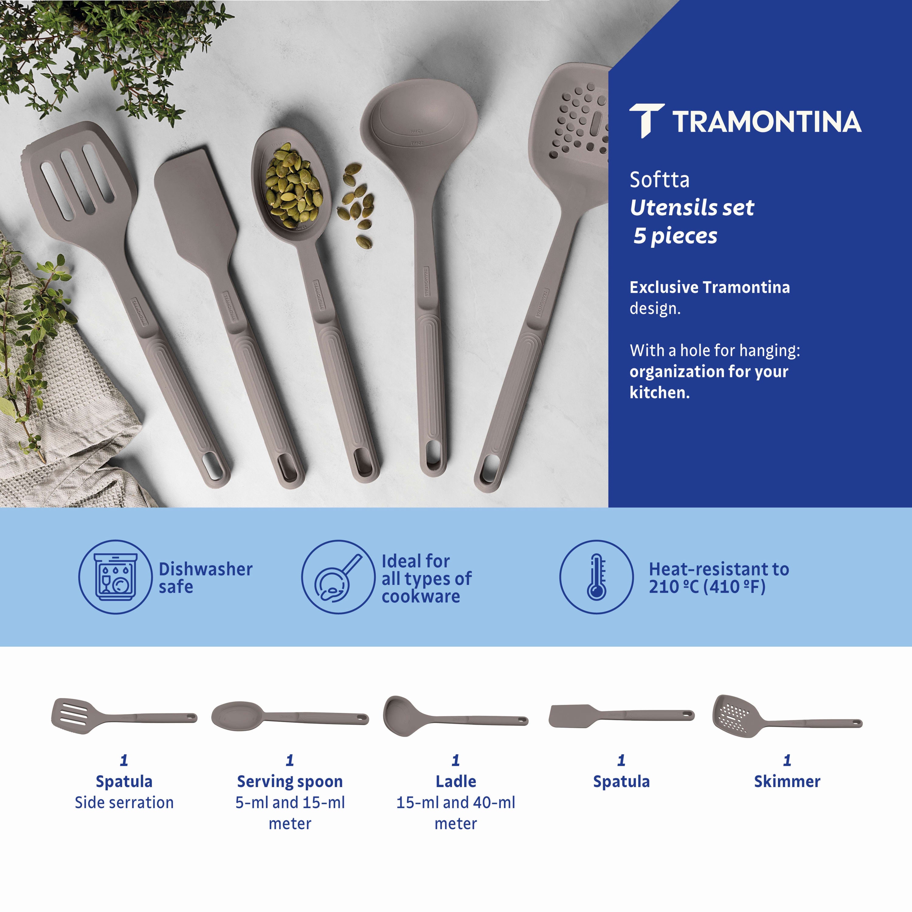 Tramontina Softta 5 Piece Grey Silicone Utensil Set