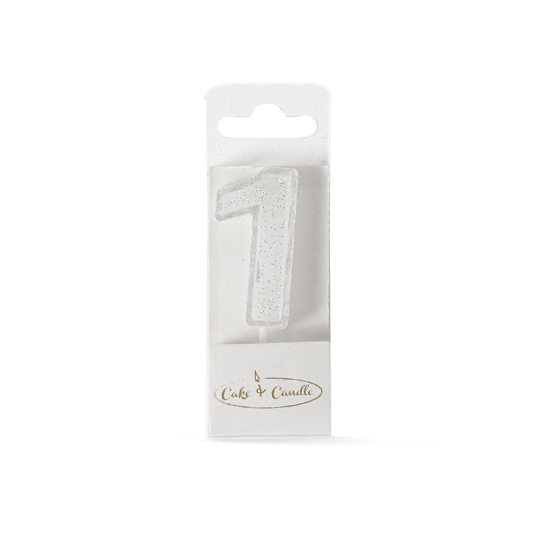 Cake & Candle Mini Glitter Candle White Number 1