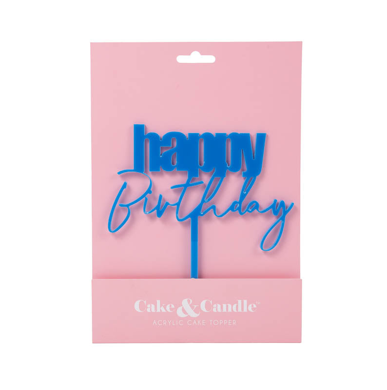 Cake & Candle Cursive Happy Birthday Cake Topper Blue