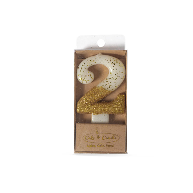 Cake & Candle Glitter Dipped Candle Number 2 Gold 8cm