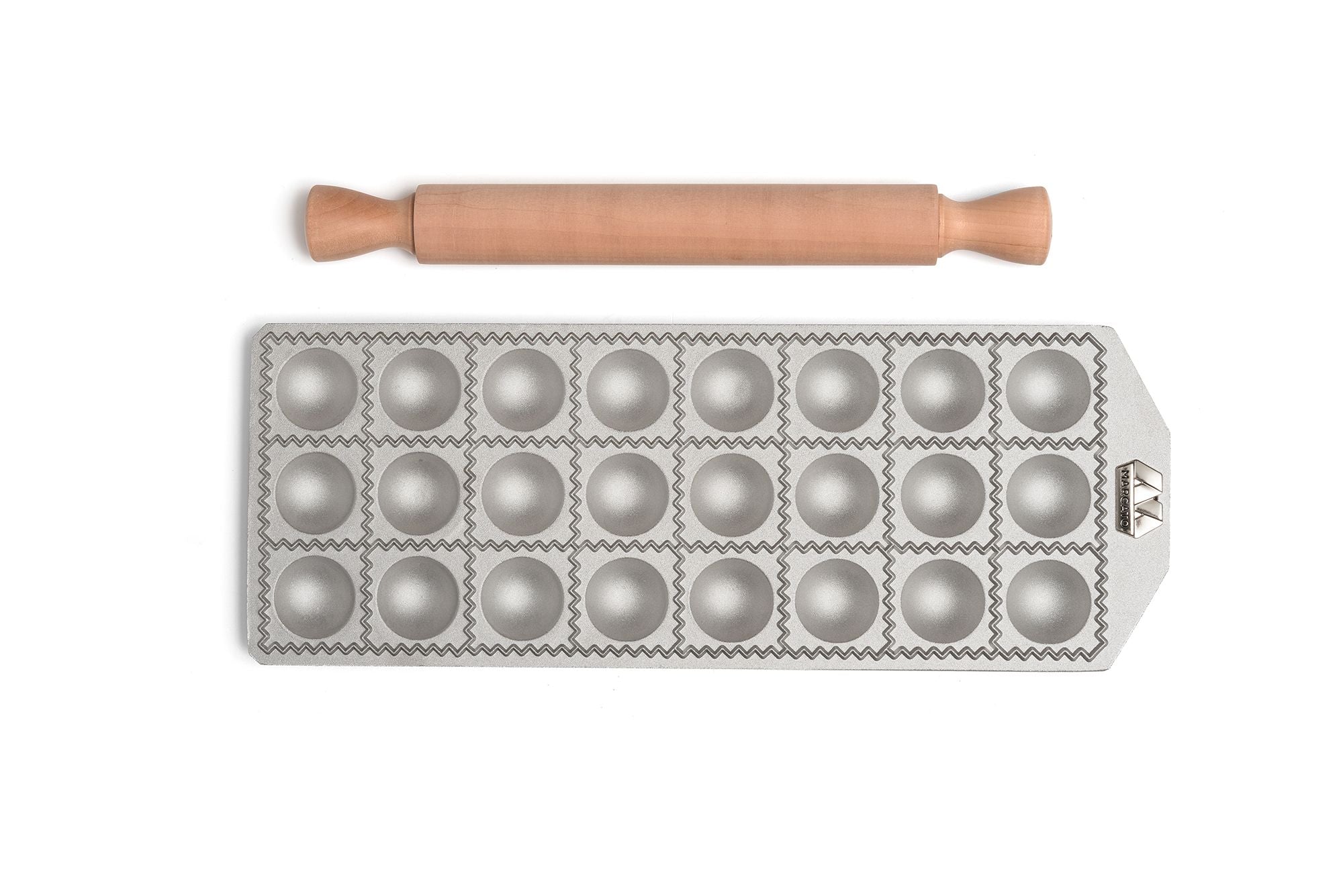 Marcato Ravioli Tray with Rolling Pin - 24 x Round 40mm