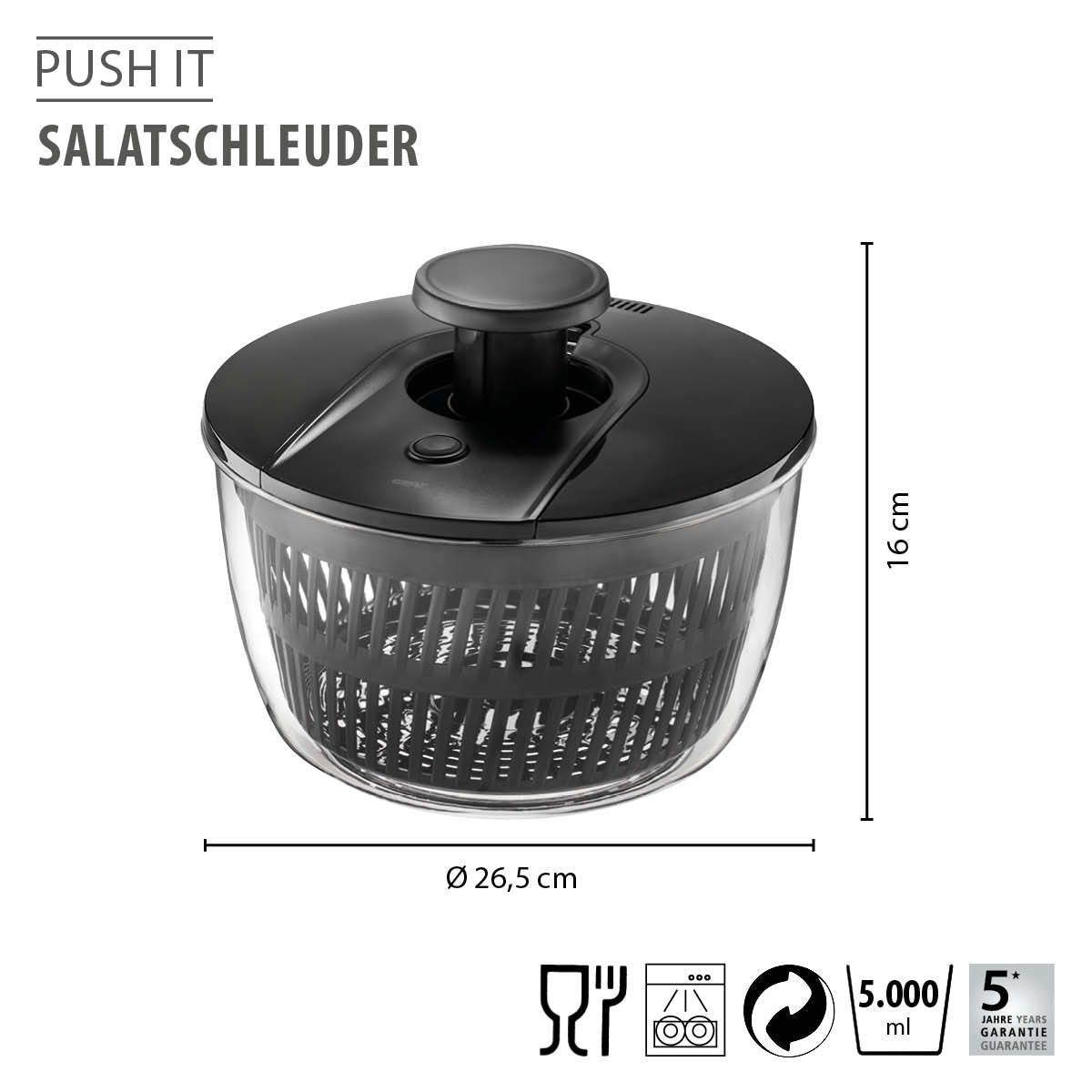 GEFU PUSH IT Salad Spinner 5L - Stainless Steel