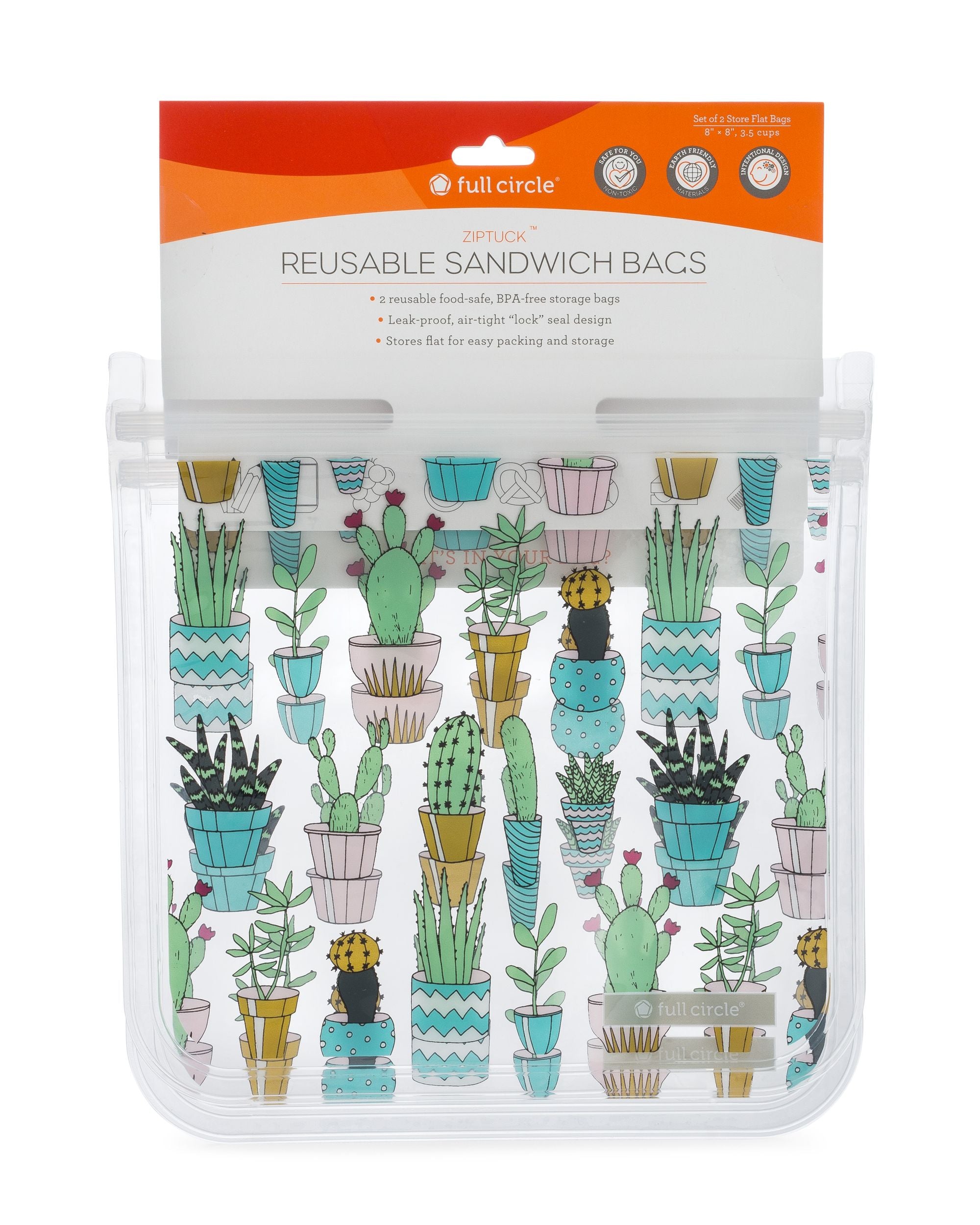 Full Circle Ziptuck Reusable Sandwich Bags Set of 2 - Cactus
