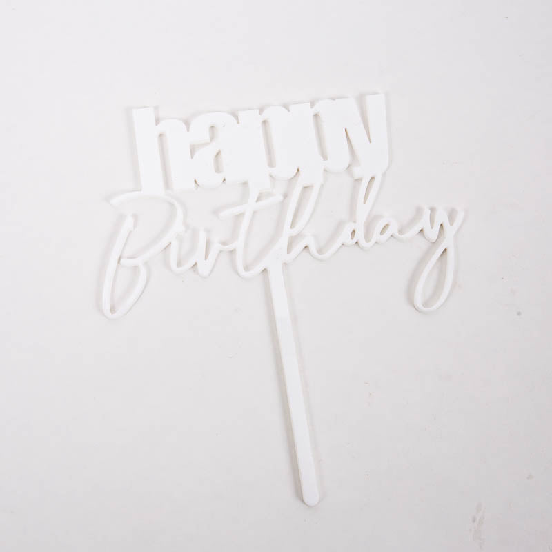 Cake & Candle Cursive Happy Birthday Cake Topper White