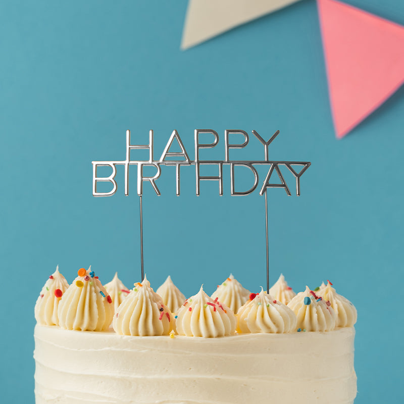 Cake & Candle Metal Cake Topper Caps Happy Birthday Silver