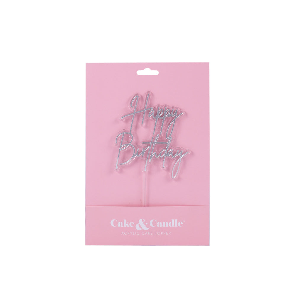 Cake & Candle Layered Cake Topper Happy Birthday Silver & Clear