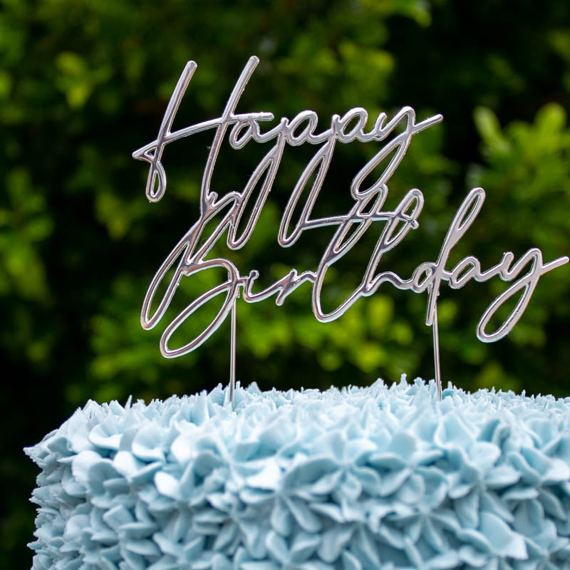 Cake & Candle Metal Cake Topper Happy Birthday 3 Silver