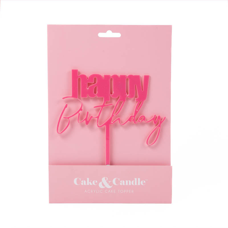 Cake & Candle Cursive Happy Birthday Cake Topper Pink