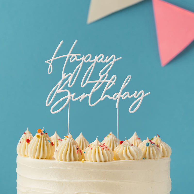 Cake & Candle Metal Cake Topper Happy Birthday 3 Pearl White