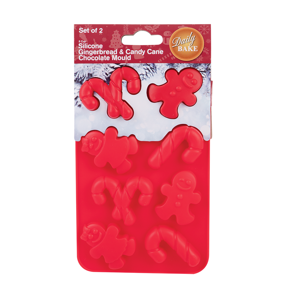 Daily Bake Silicone Gingerbread & Candy Cane Chocolate Mould Set – 8 Cup (Set of 2) Red