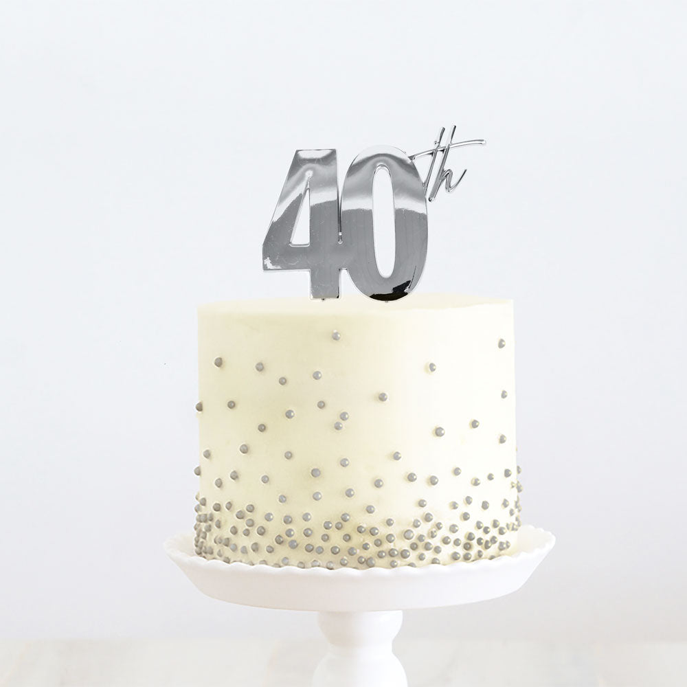 Cake & Candle Metal Cake Topper 40th Silver
