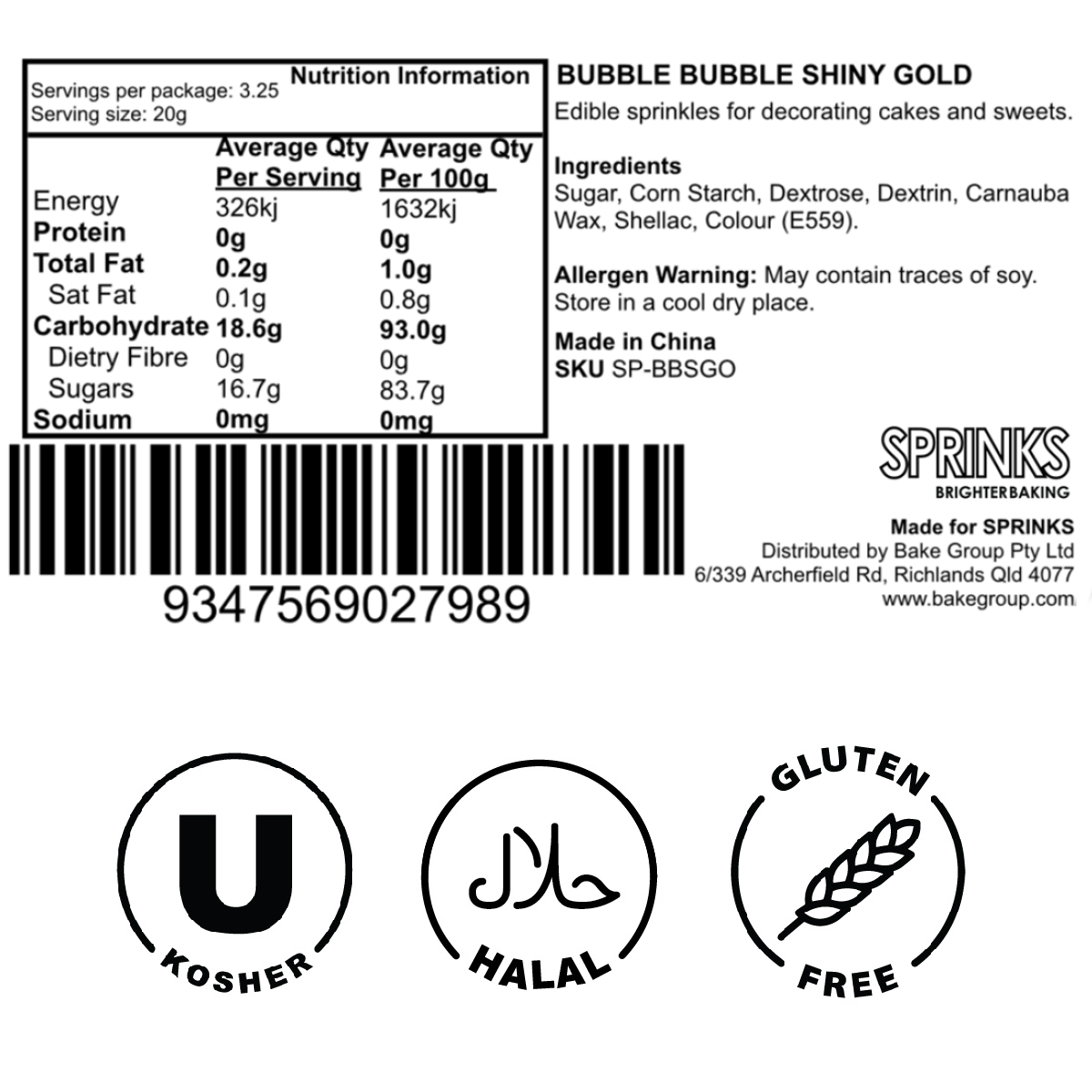 Sprinks Shiny Gold Bubble Bubble Sprinkles 500g