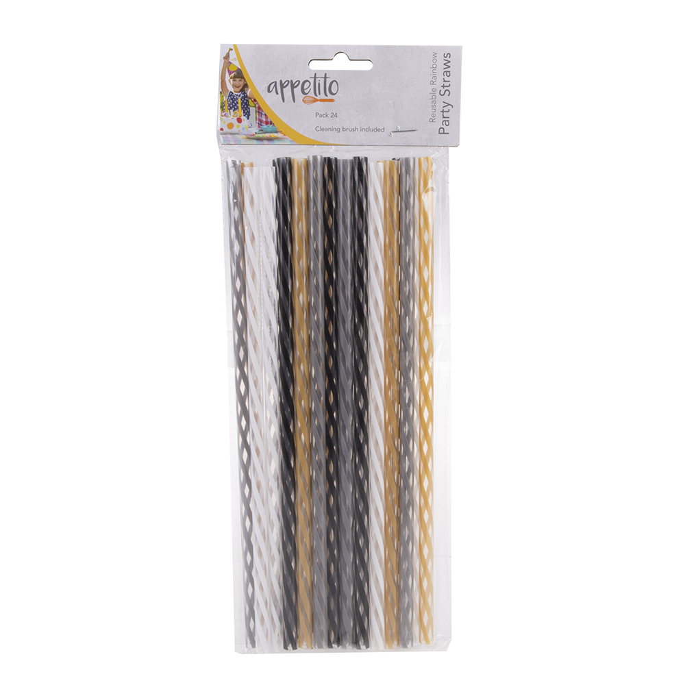 Appetito Reusable Glitz & Glam Party Straws 25cm Pack 24 with Brush - Assorted