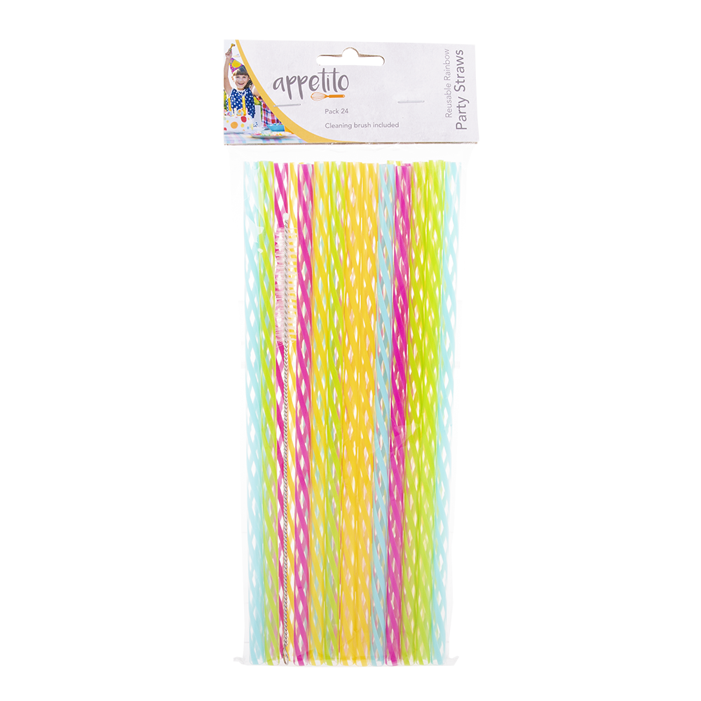 Appetito Reusable Rainbow Party Straws 25cm Pack 24 with Brush - Assorted
