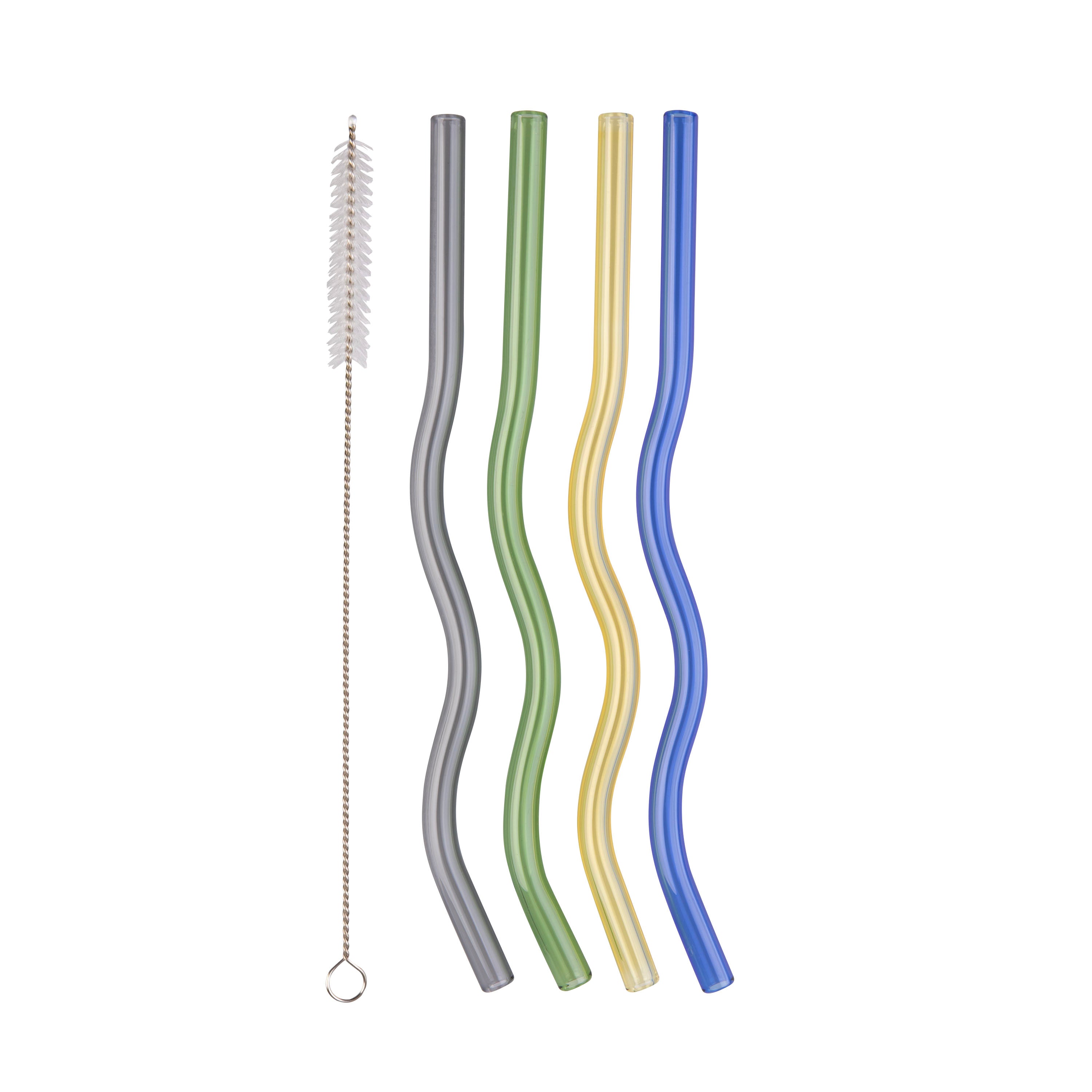 Appetito Glass Wiggly Straw Set of 4 with Cleaning Brush