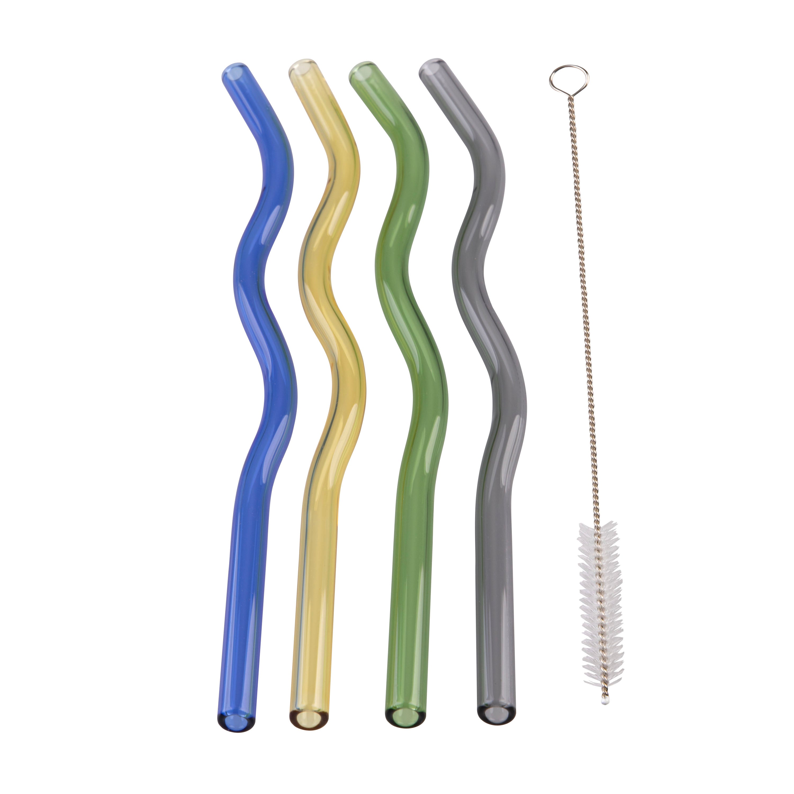 Appetito Glass Wiggly Straw Set of 4 with Cleaning Brush